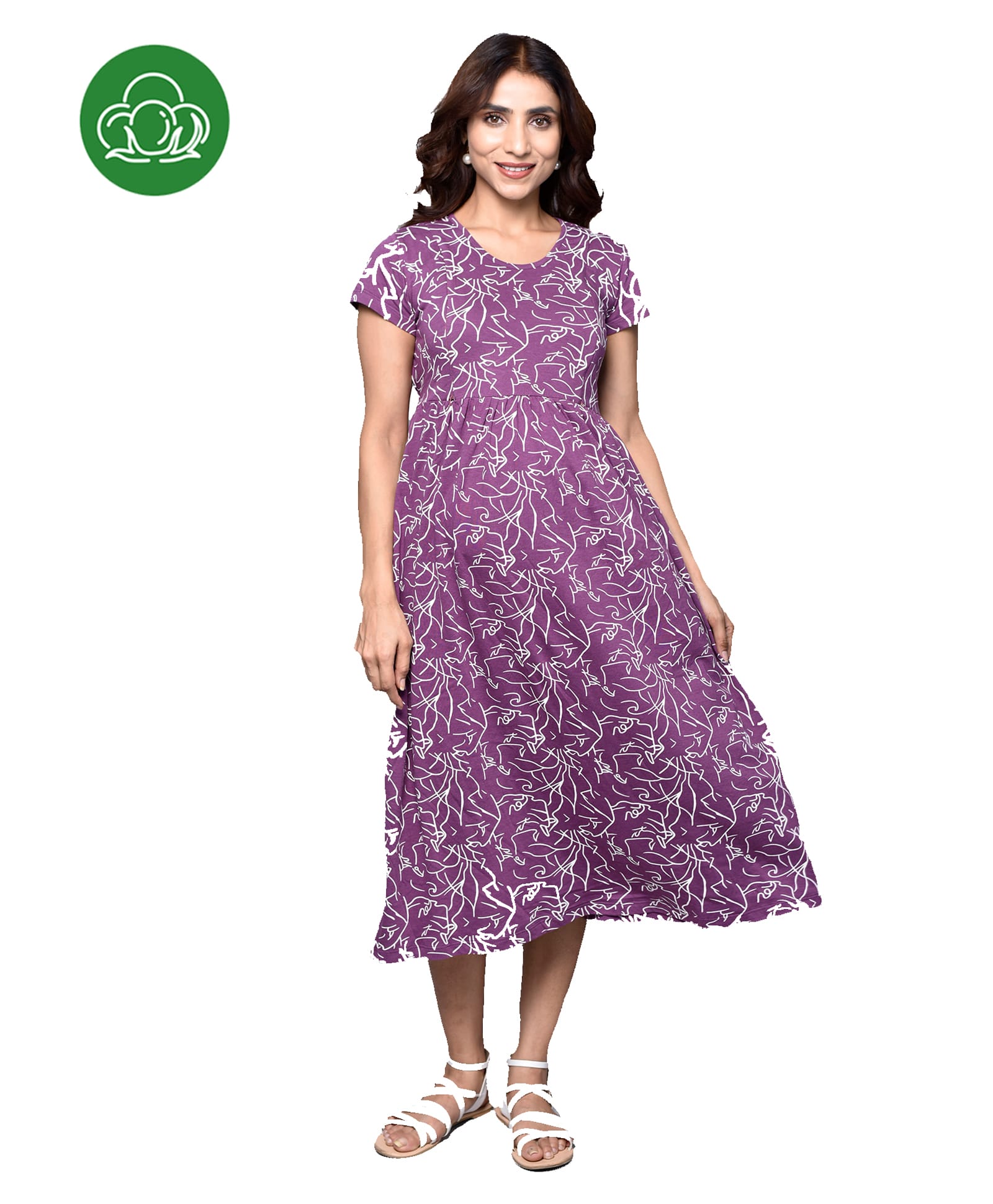 Inner Sense Organic Cotton Knit Half Sleeves Abstract Printed Maternity Dress With Side Zipper Nursing Access - Orchid Purple-picture-18
