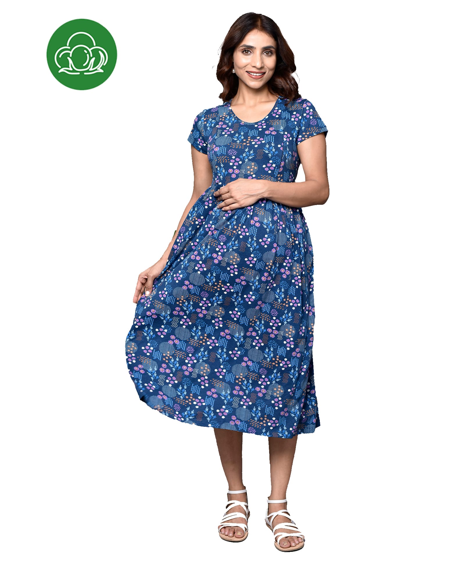 Inner Sense Organic Cotton Knit Half Sleeves Floral Printed Maternity Dress With Side Zipper Nursing Access - Vintage Garden Blue-picture-41