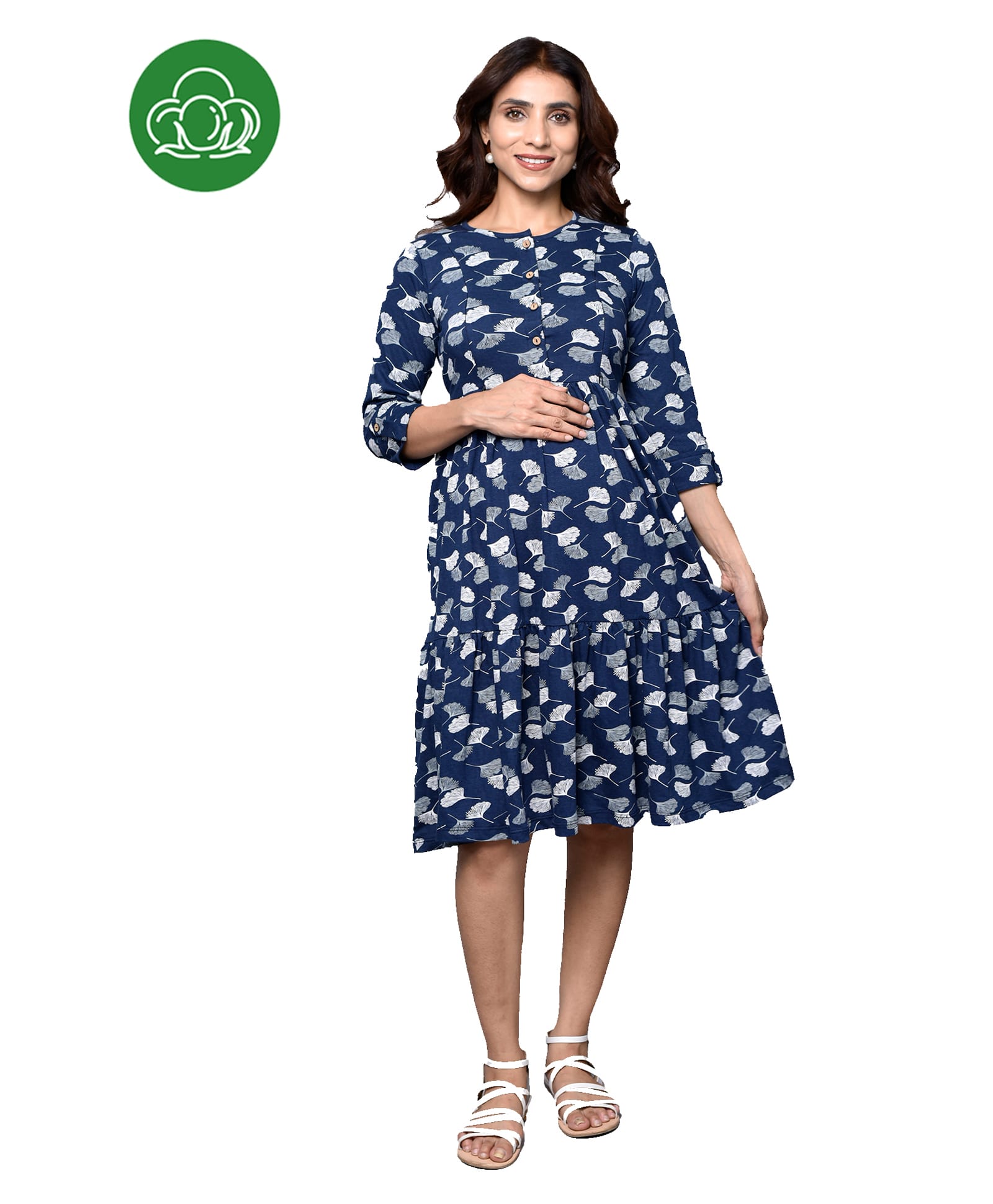 Inner Sense Organic Cotton Knit Three Fourth Sleeves Petals Printed Maternity Dress With Side Zipper Nursing Access - Petal Navy Blue-picture-40
