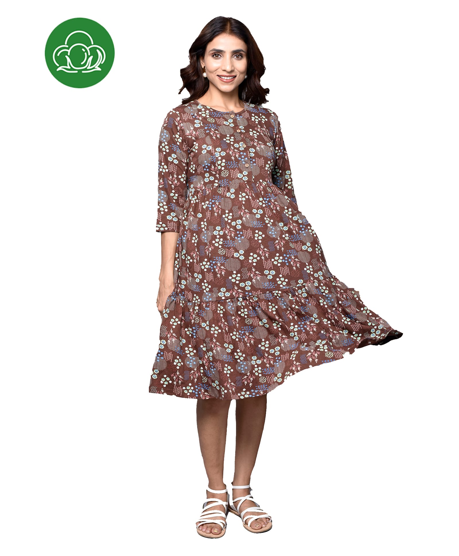 Inner Sense Organic Cotton Knit Three Fourth Sleeves Floral Printed Maternity Dress With Side Zipper Nursing Access - Vintage Garden Brown-picture-17