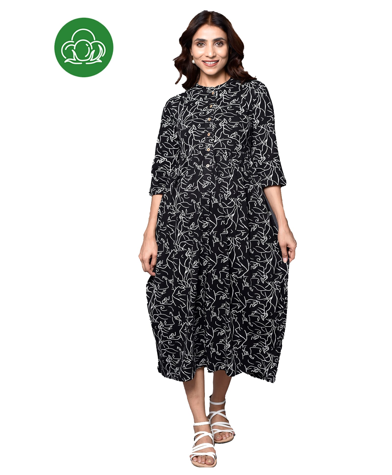 Inner Sense Organic Cotton Knit Three Fourth Sleeves Abstract Printed Maternity Dress With Side Zipper Nursing Access - Black Line Art-picture-10