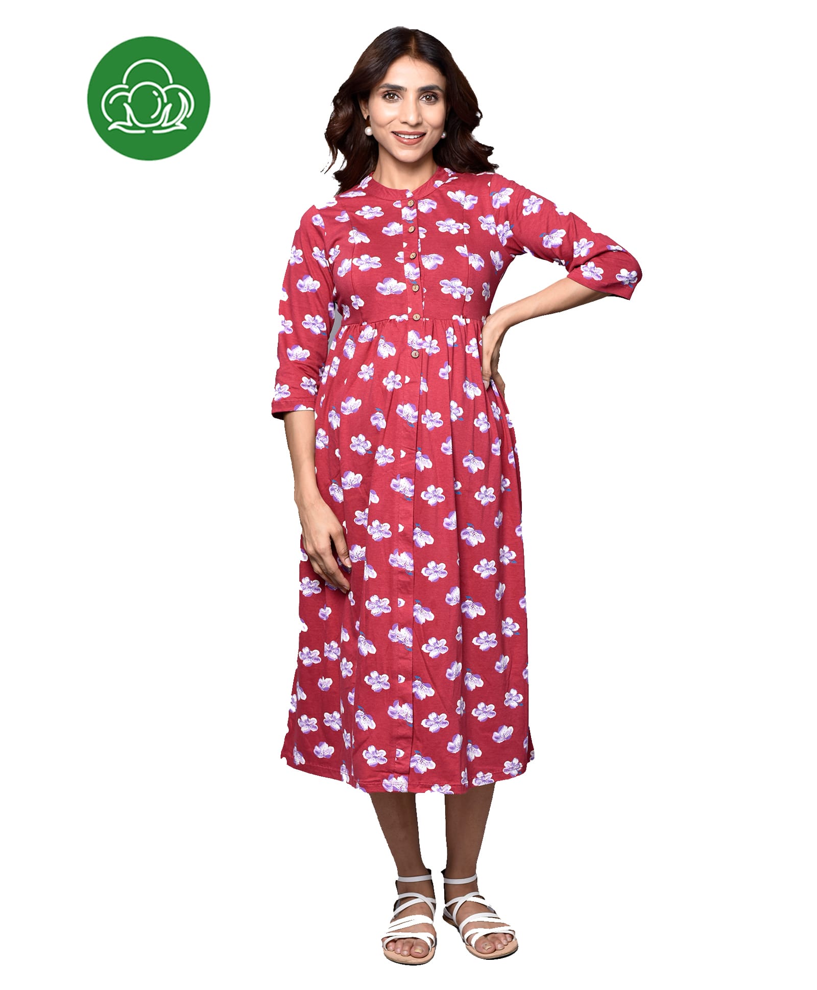Inner Sense Organic Cotton Knit Three Fourth Sleeves Floral Printed Maternity Dress With Side Zipper Nursing Access - Sakura Wine-picture-16