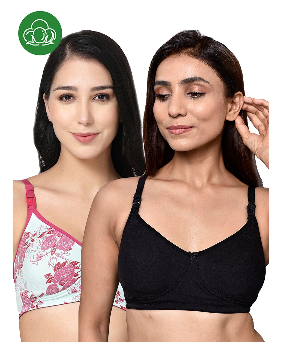 Inner Sense Organic Cotton Pack Of 2 Solid & Floral Printed Soft Antimicrobial Maternity Bras With Nursing Access - Multi Colour-picture-17