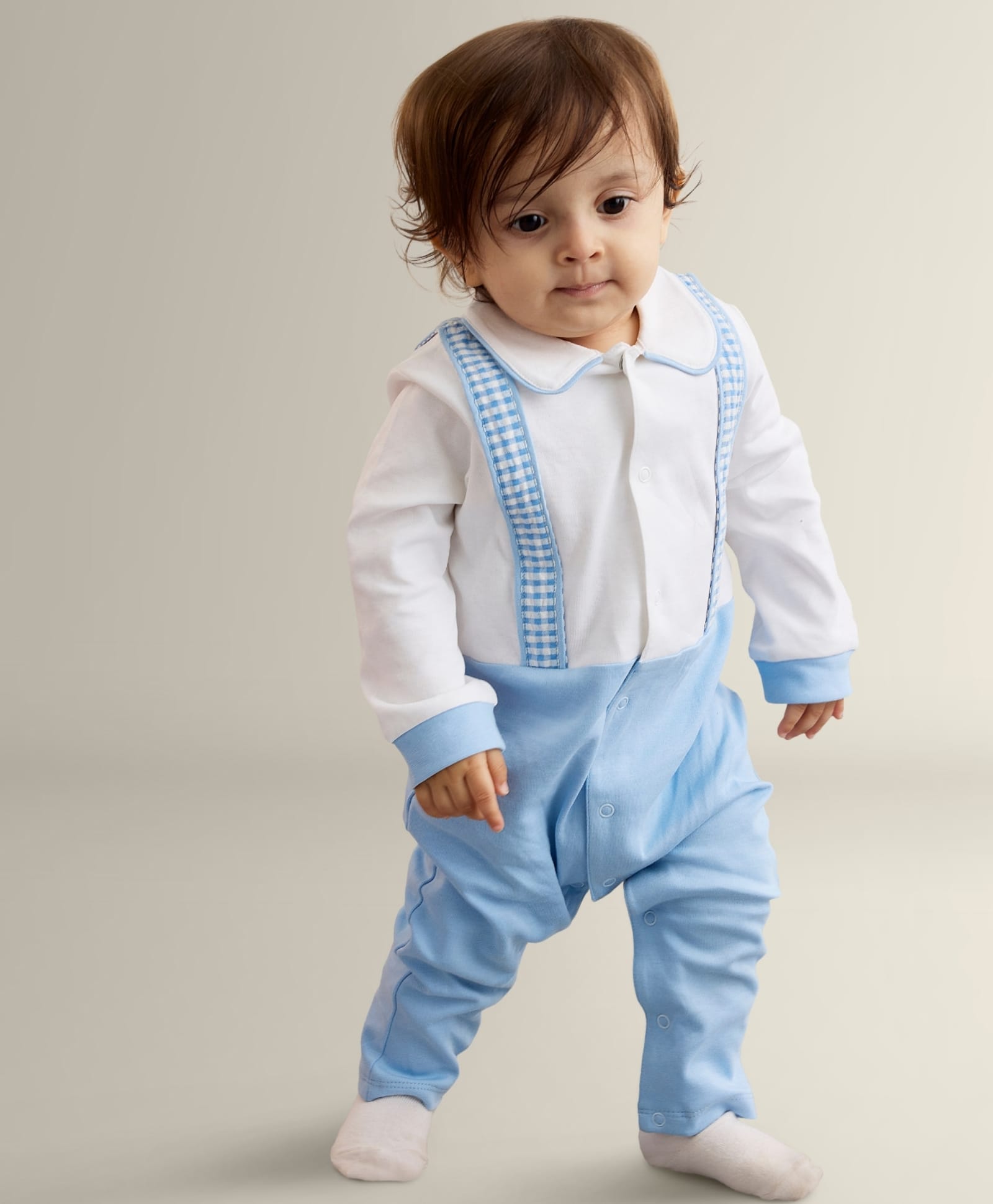 My Milestones Full Sleeves Solid Romper With Attached Straps - Blue & White-image-9