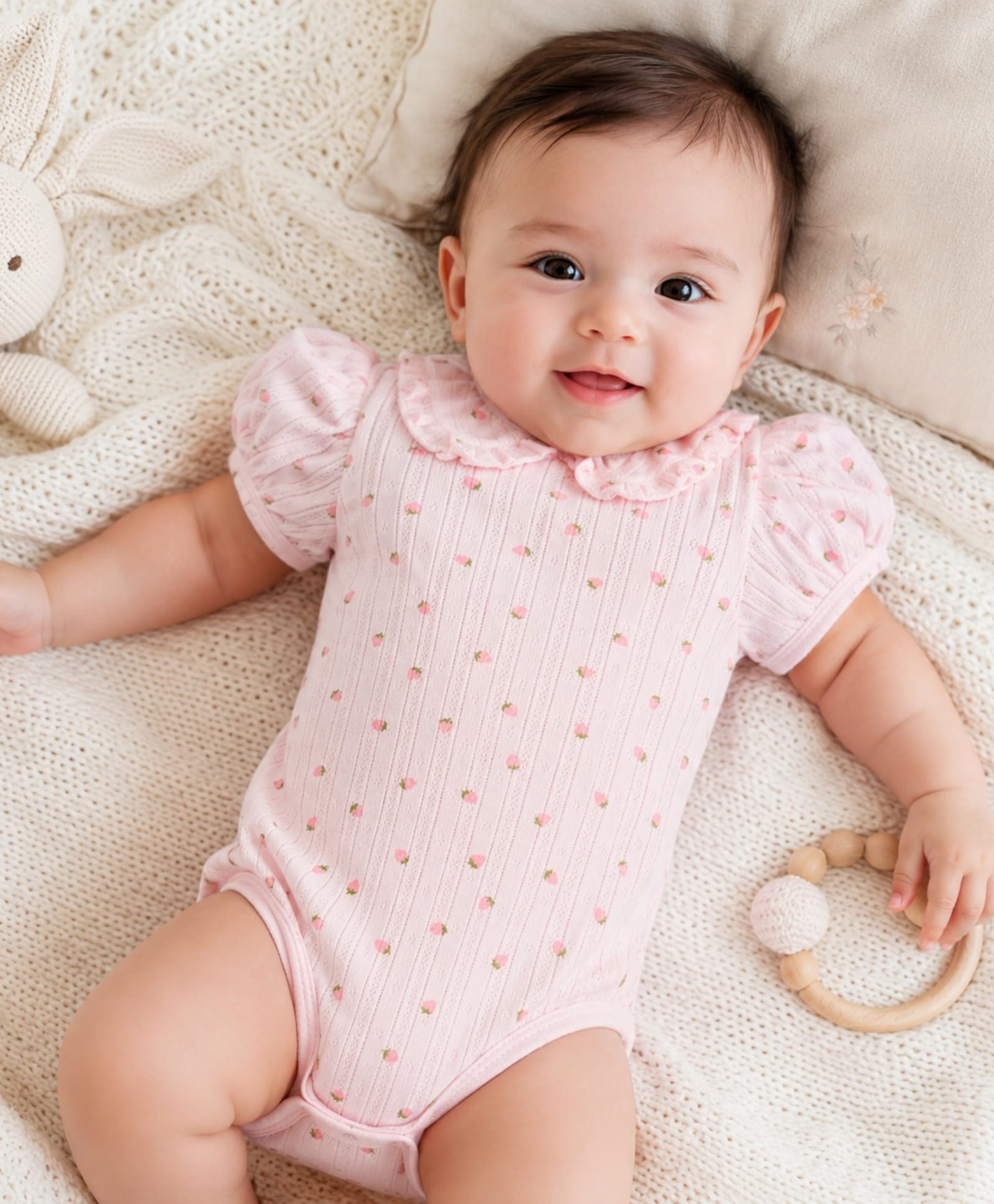 My Milestones Half Puffed Sleeves Strawberry Printed Onesie - Pink-picture-3