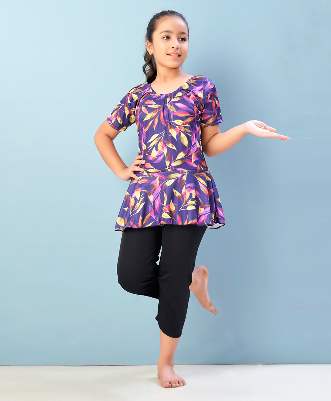 Aarika Half Sleeves Tropical Theme Printed Frock Style Swimsuit - Purple & Black-image-41