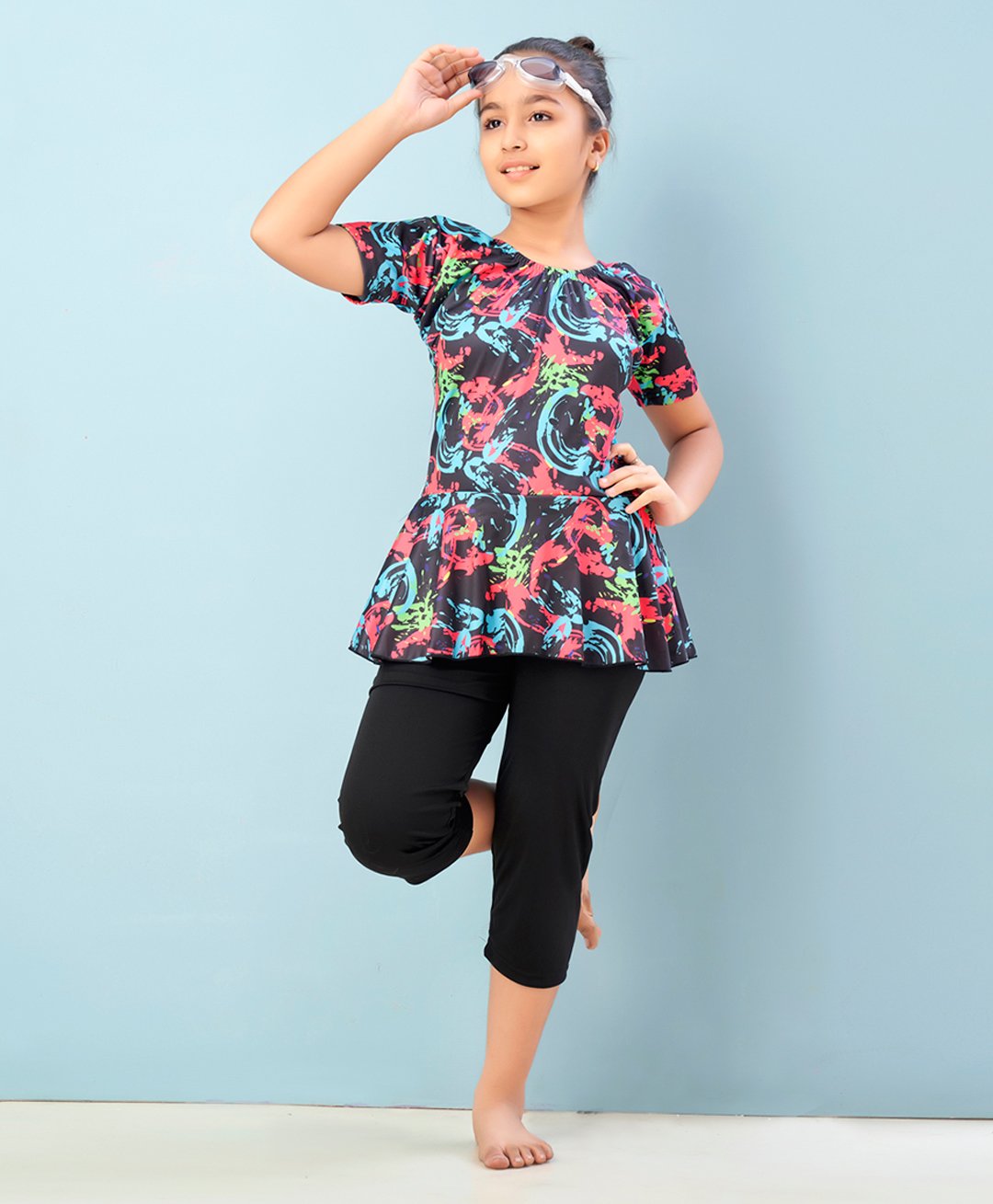Aarika Half Sleeves Abstract Printed Frock Style Swimsuit - Black & Rani Pink-image-1