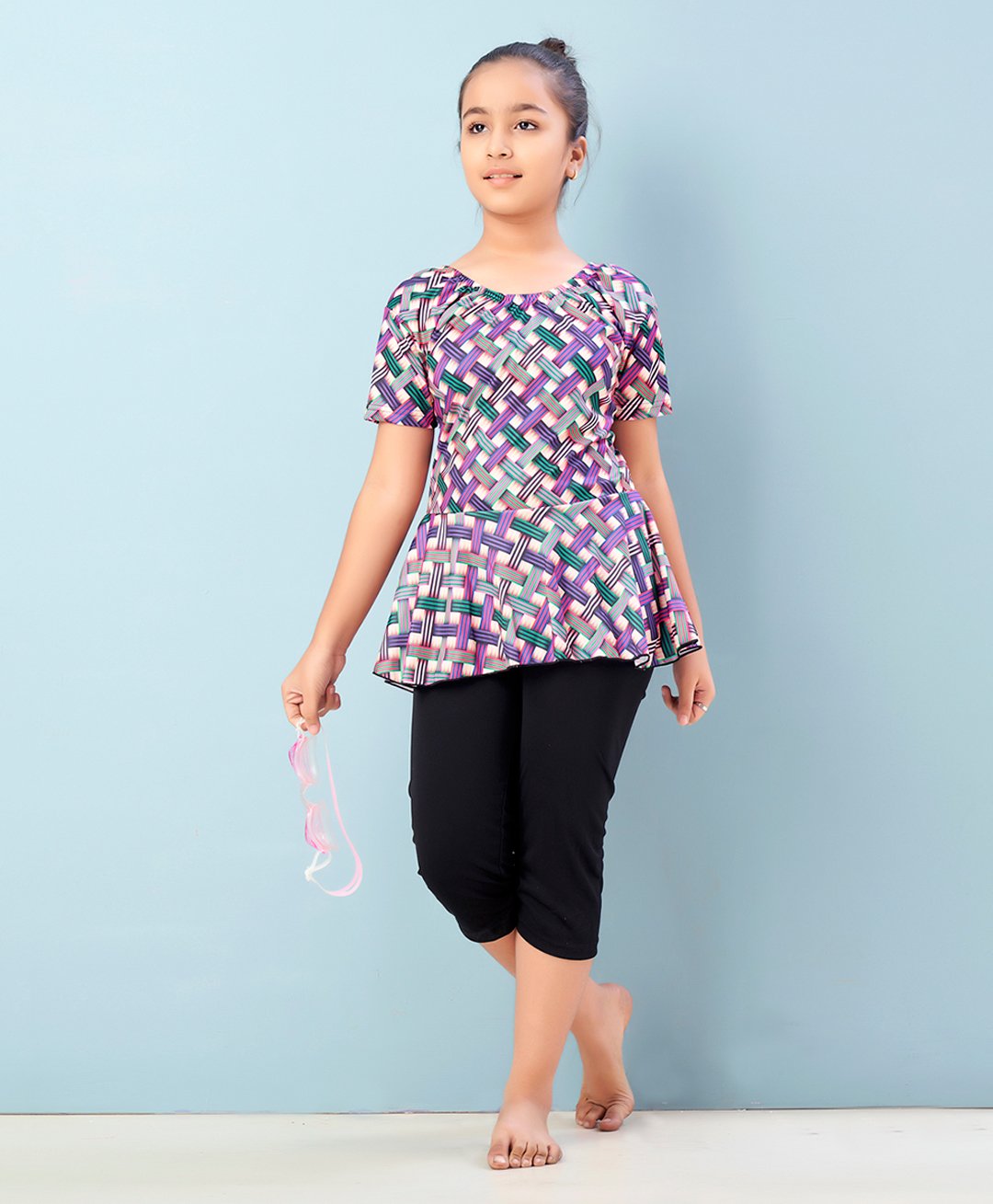 Aarika Half Sleeves Abstract Printed Frock Style Swimsuit - Fawn Purple & Black-picture-39