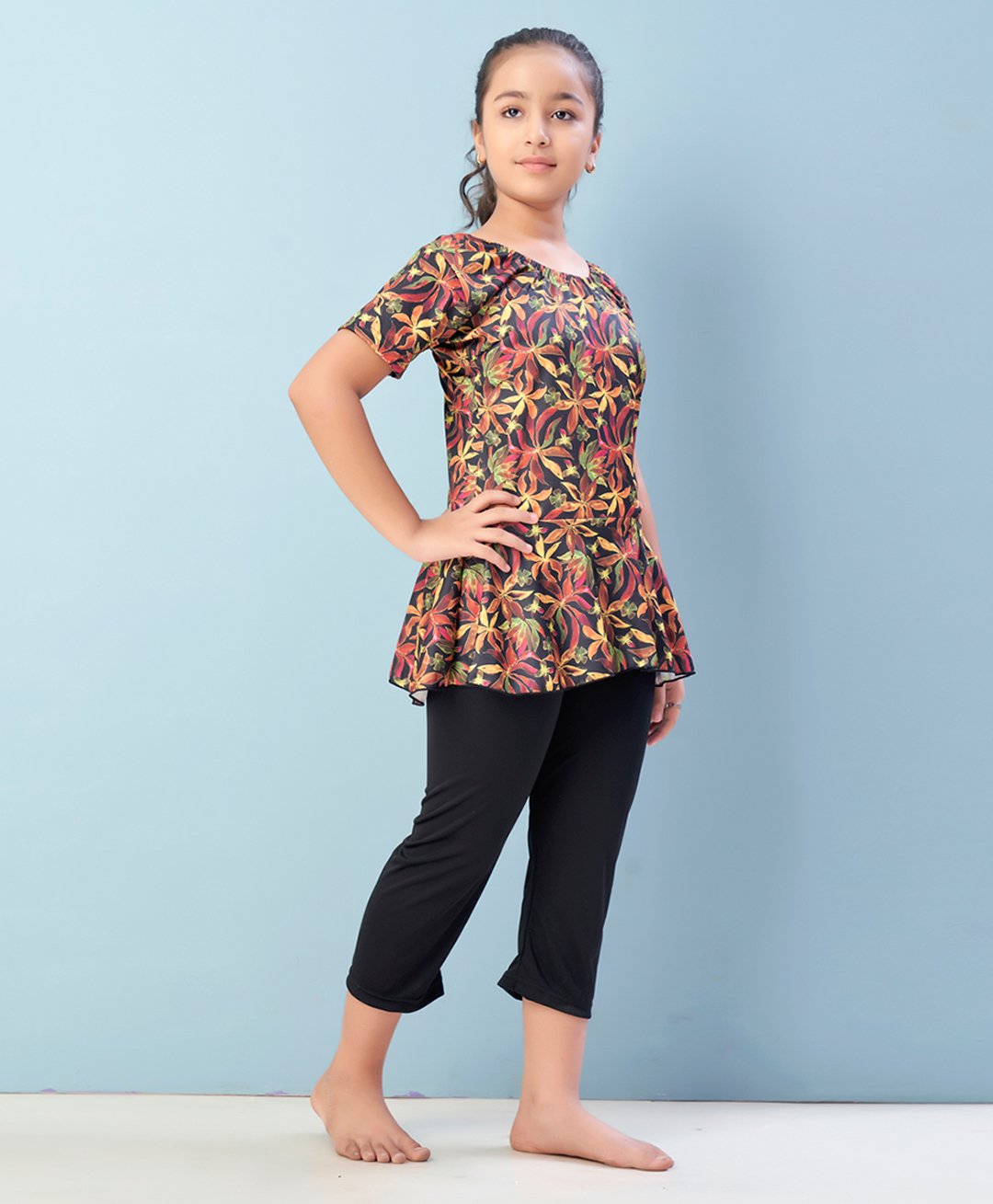 Aarika Half Sleeves Floral Printed Frock Style Swimsuit - Yellow & Black-image-49