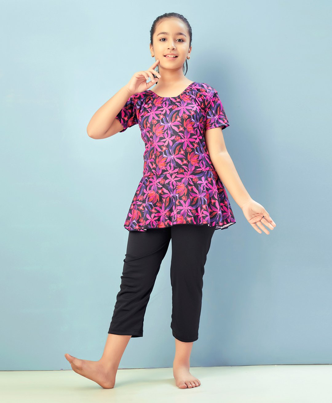 Aarika Half Sleeves Floral Printed Frock Style Swimsuit - Rani Pink & Black-picture-10