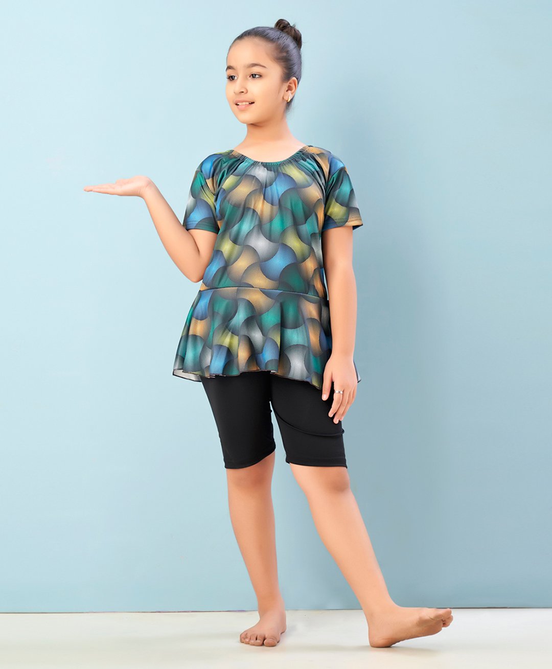 Aarika Half Sleeves Abstract Printed Frock Style Swimsuit - Green & Black-image-47