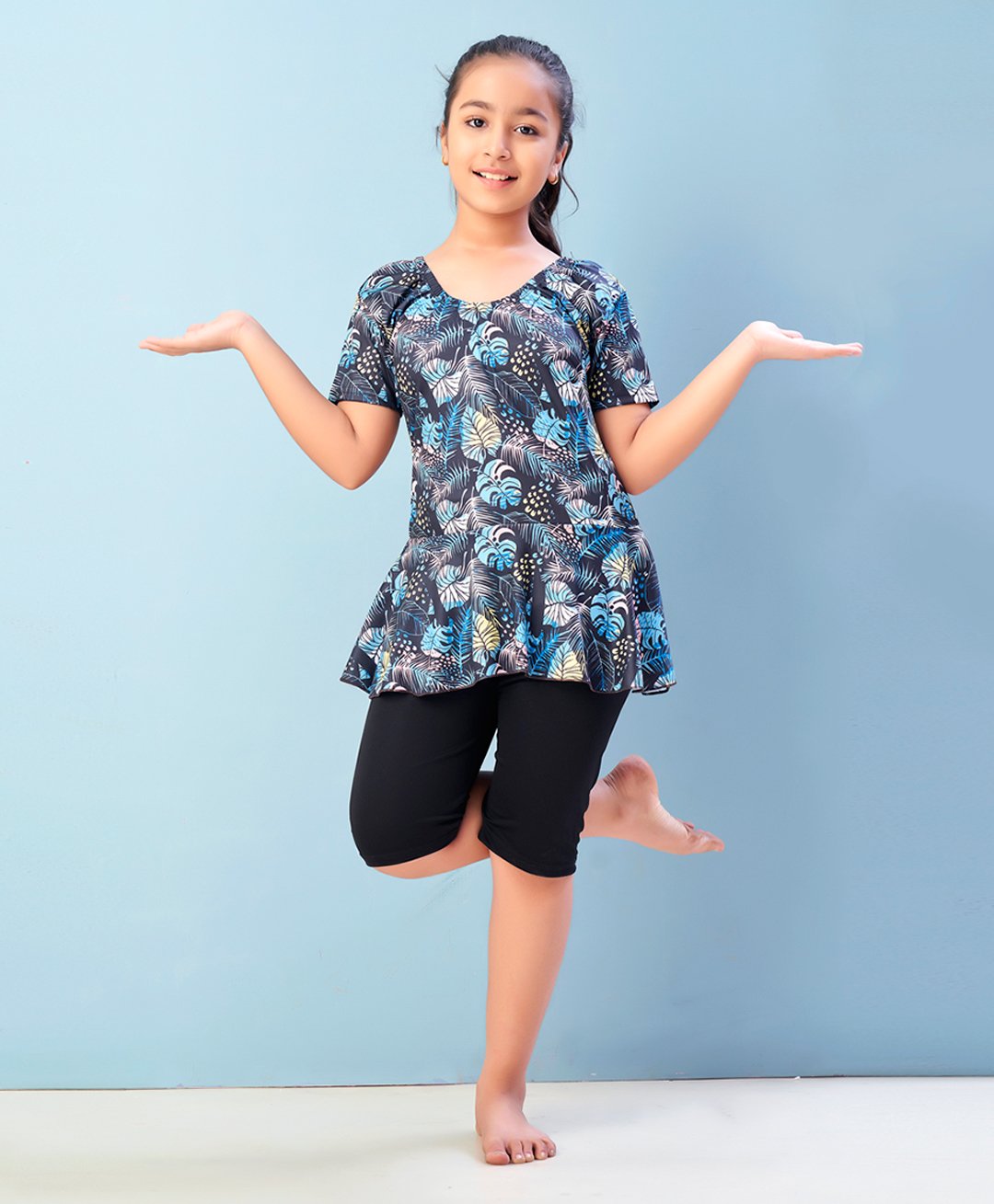 Aarika Half Sleeves Leaves Printed Frock Style Swimsuit - Firozi Blue & Black-image-45