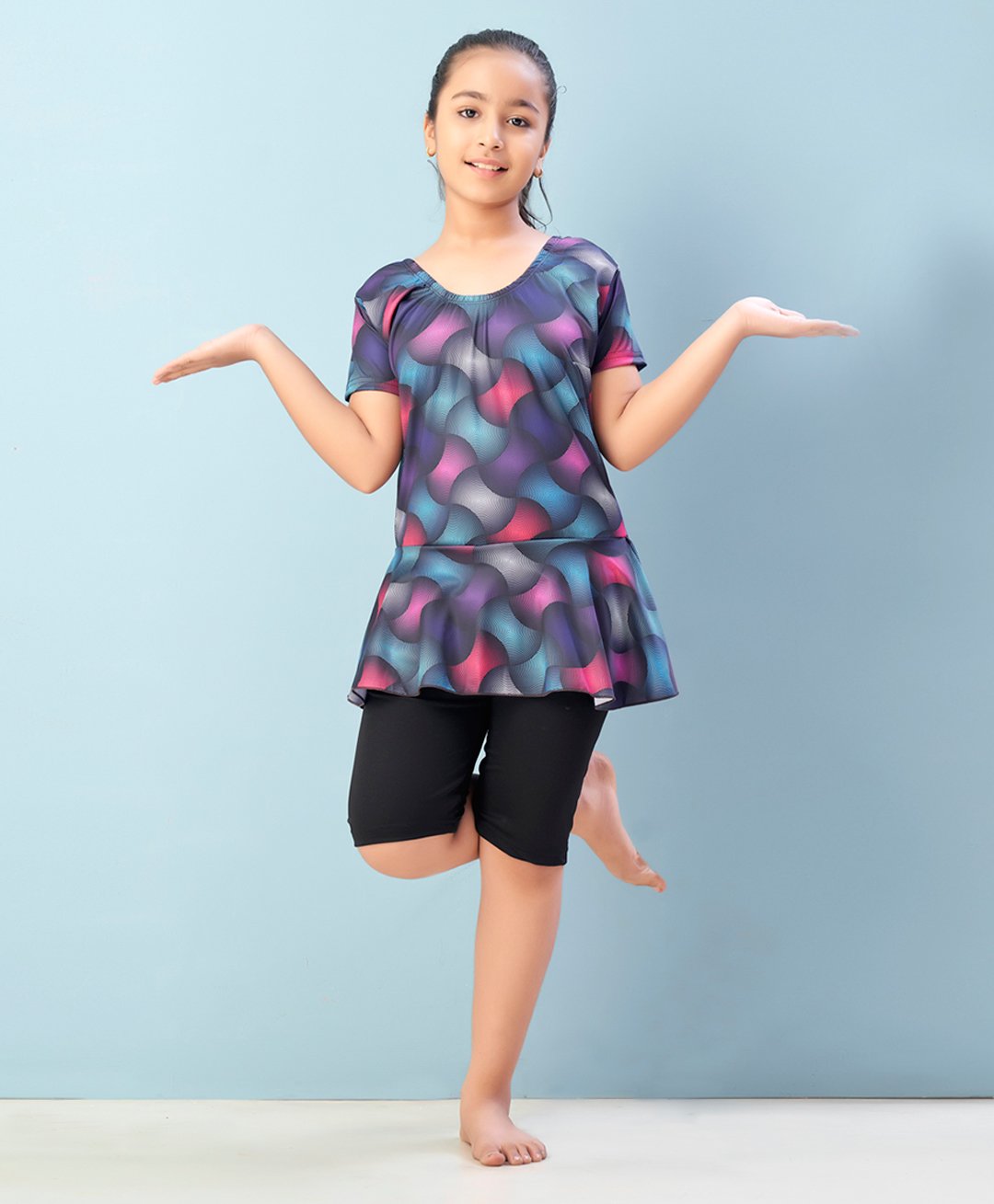 Aarika Half Sleeves Abstract Printed Frock Style Swimsuit - Multi Colour & Black-picture-33