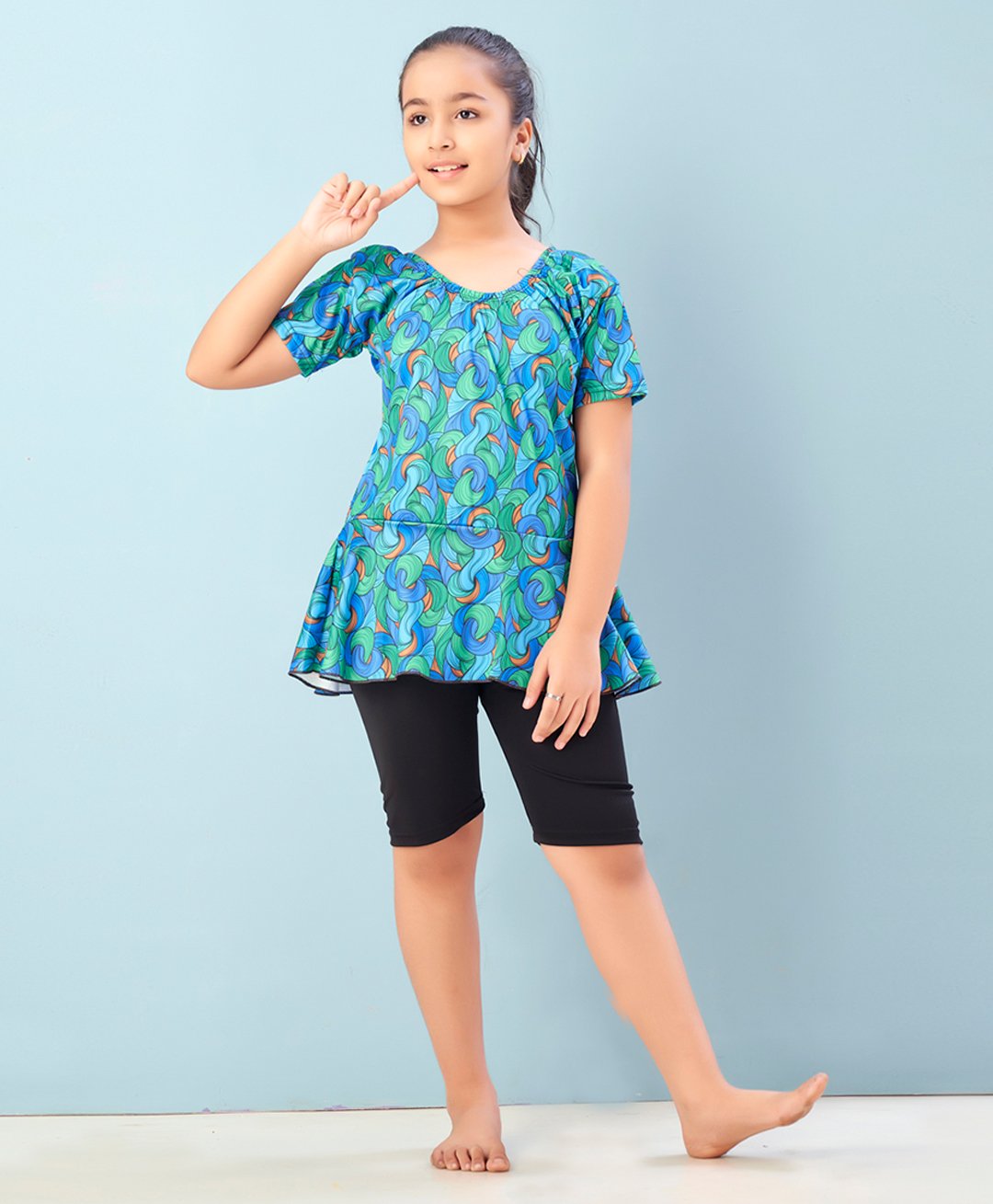 Aarika Half Sleeves Abstract Printed Frock Style Swimsuit - Green & Black-picture-35