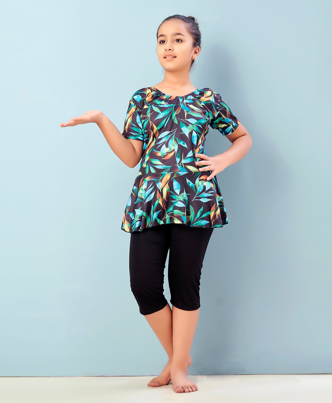 Aarika Half Sleeves Abstract Printed Frock Style Swimsuit - Black & Green-image-19