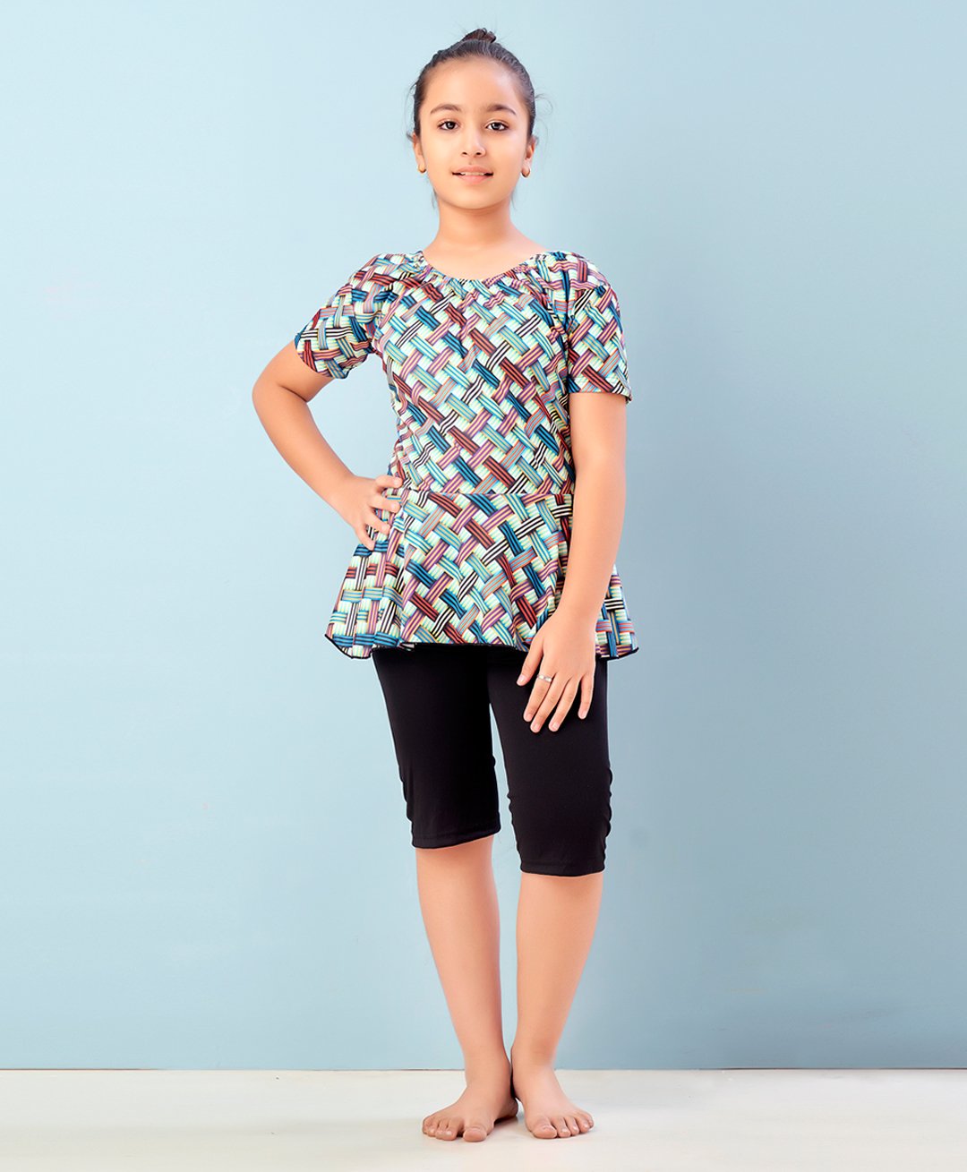 Aarika Half Sleeves Abstract Printed Frock Style Swimsuit - Green & Black-image-16