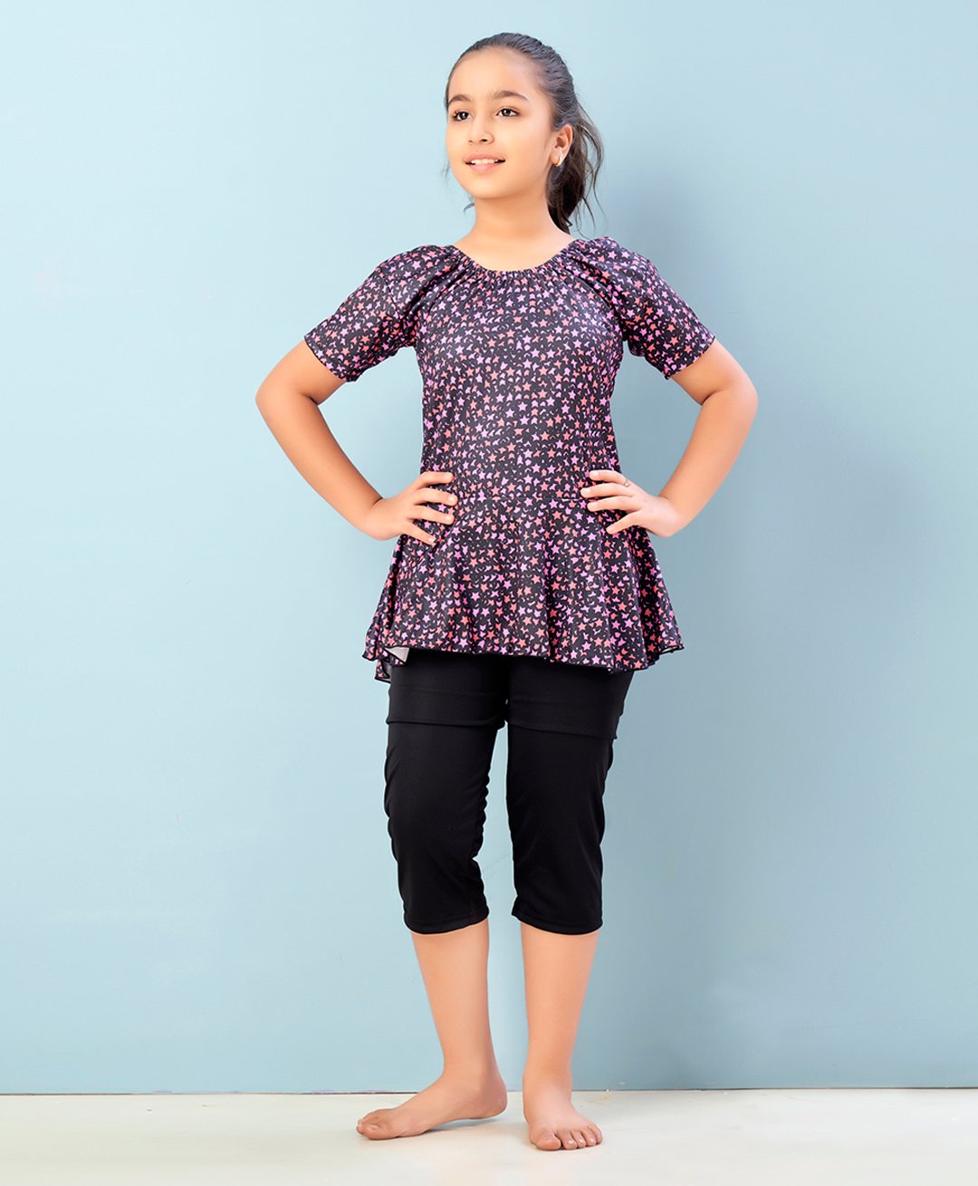 Aarika Half Sleeves Star Printed Frock Style Swimsuit-Multi Colour & Black-picture-31