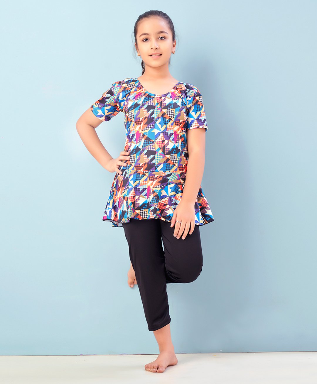 Aarika Half Sleeves Houndstooth Printed Frock Style Swimsuit-Multi Colour & Black-picture-32