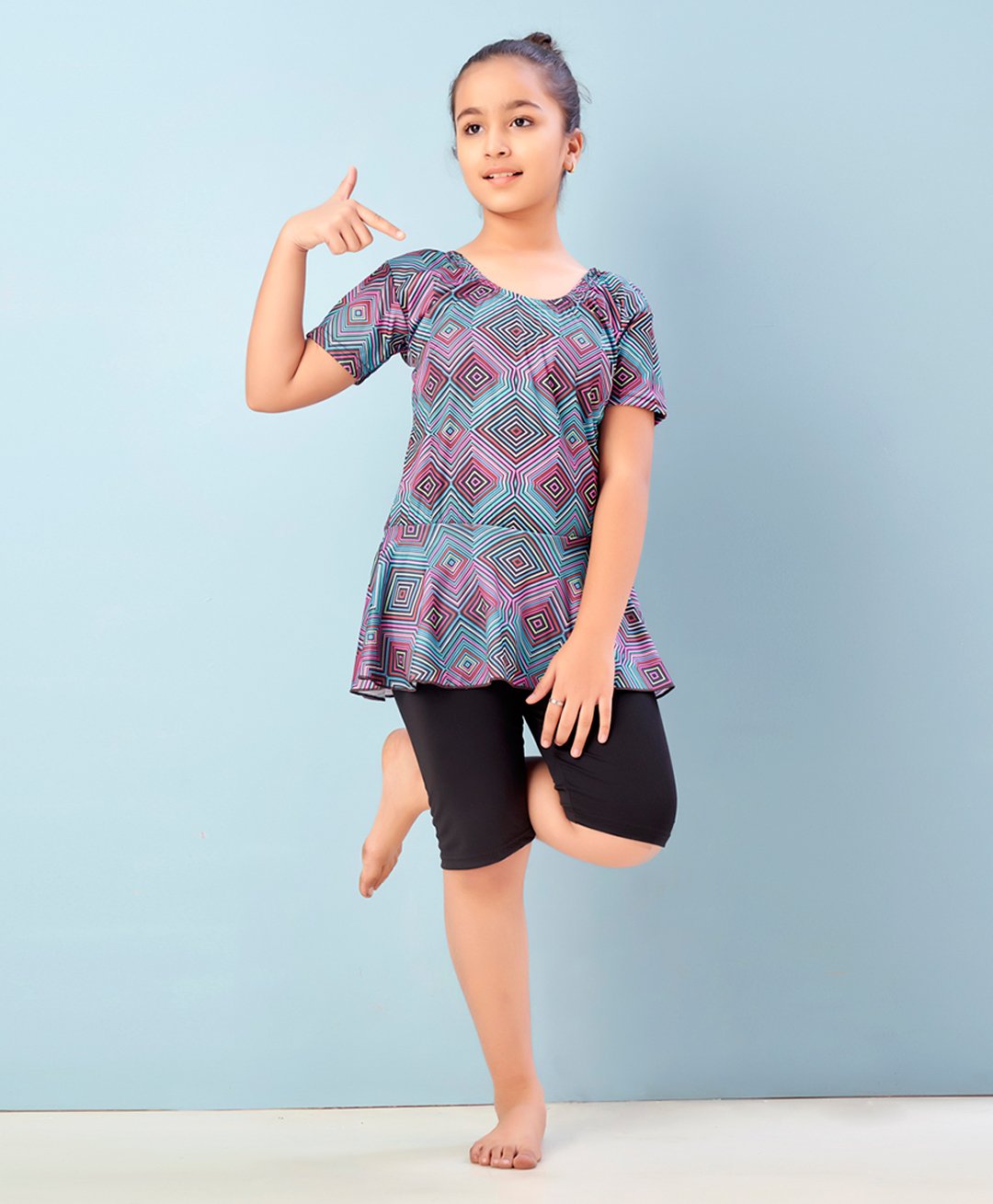 Aarika Half Sleeves Abstract Printed Frock Style Swimsuit - Firozi & Black-picture-28
