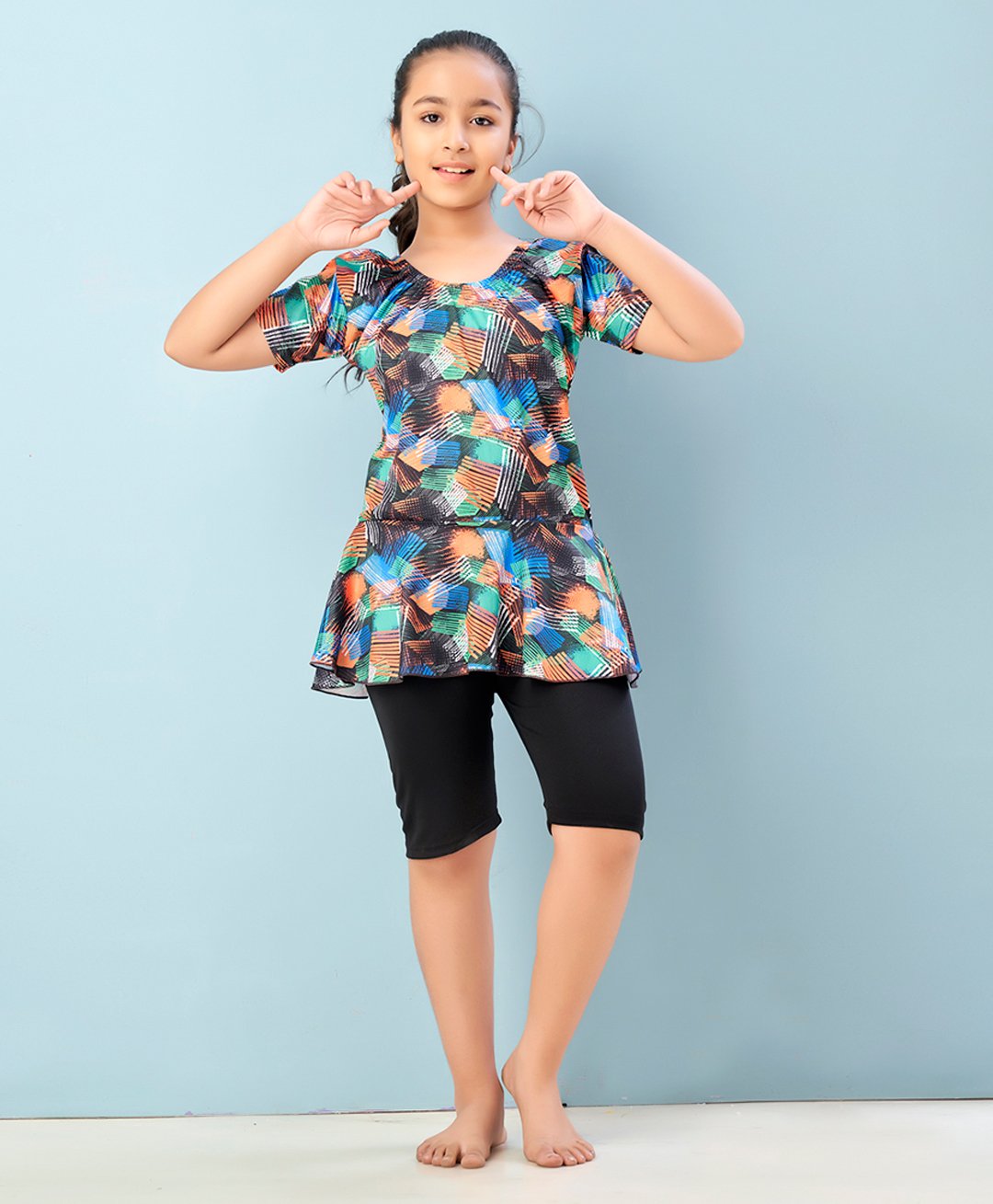 Aarika Half Sleeves Abstract Printed Frock Style Swimsuit - Orange & Black-image-46