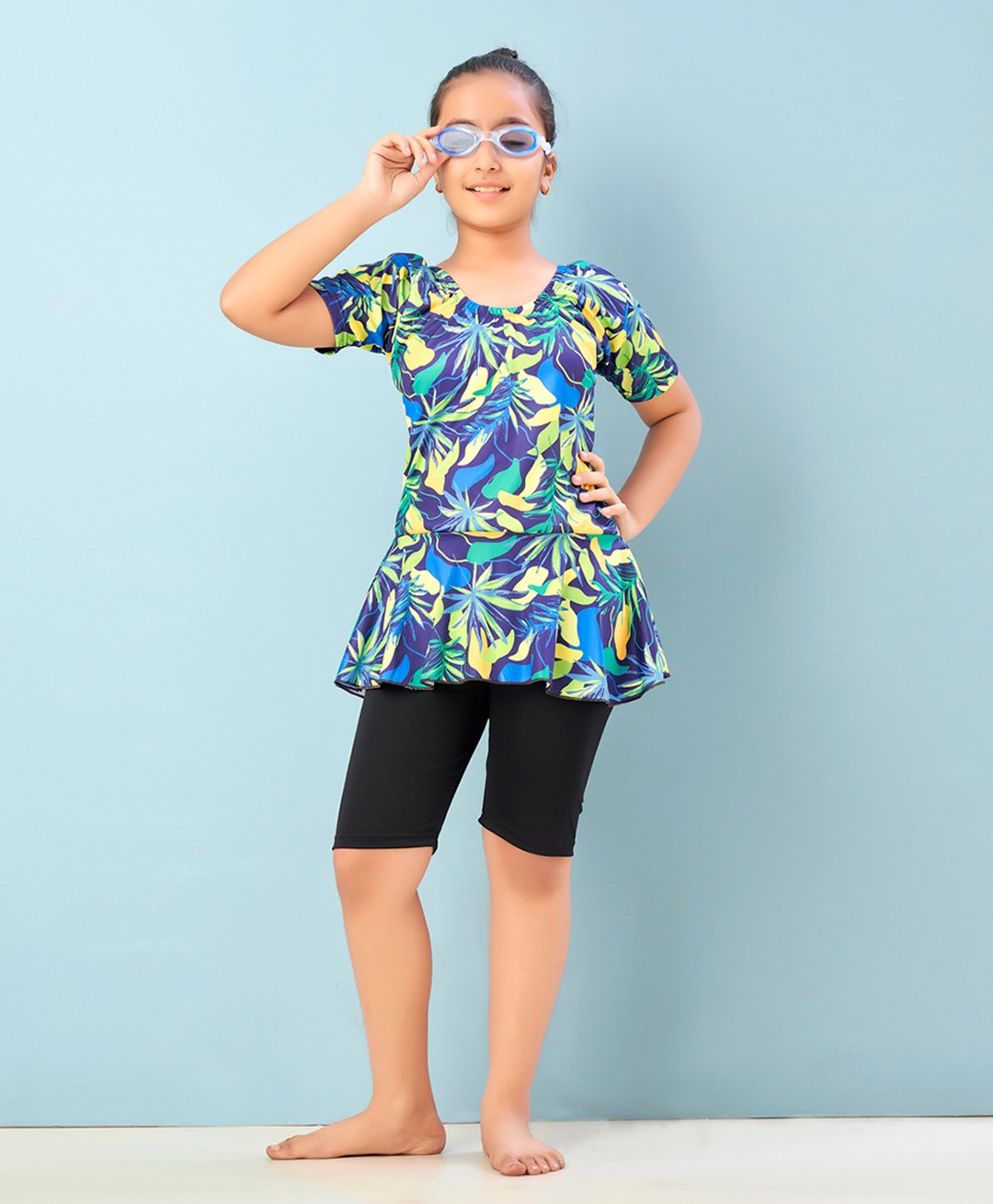 Aarika Half Sleeves Abstract Printed Frock Style Swimsuit - Yellow & Black-image-34