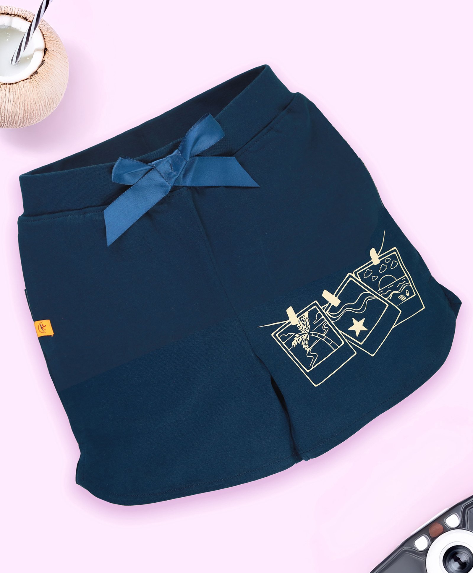 Kiddopanti Cotton Beach Theme Printed Bow Applique Detailed Shorts - Teal Blue-picture-11