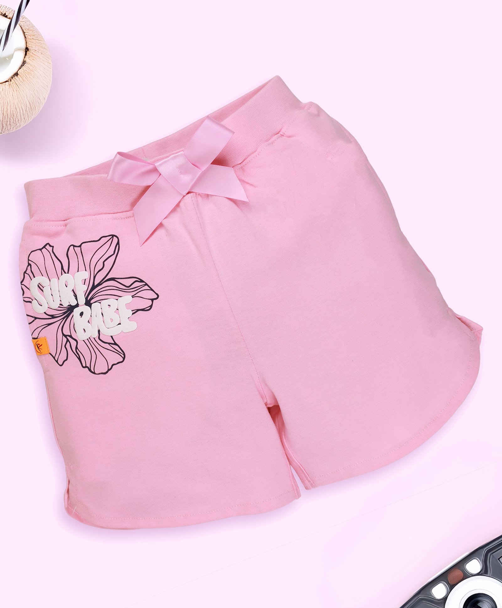 Kiddopanti Cotton Surf Babe Text & Floral Printed Bow Applique Detailed Shorts - Baby Pink-picture-10