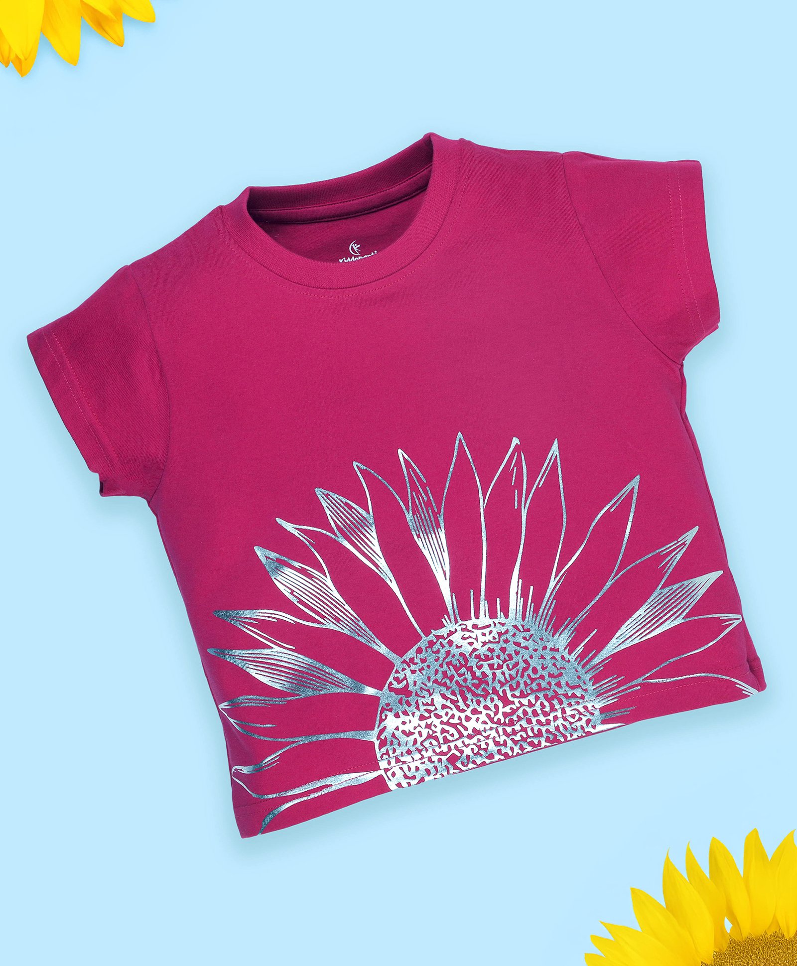 Kiddopanti Cotton Half Sleeves Floral Foil Printed Tee - Fuchsia Pink-picture-13