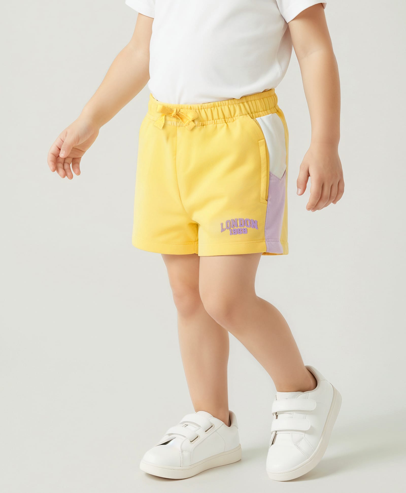 Babyhug Cotton Terry Knit Mid Thigh Shorts With London Embossed Print - Yellow-image-45