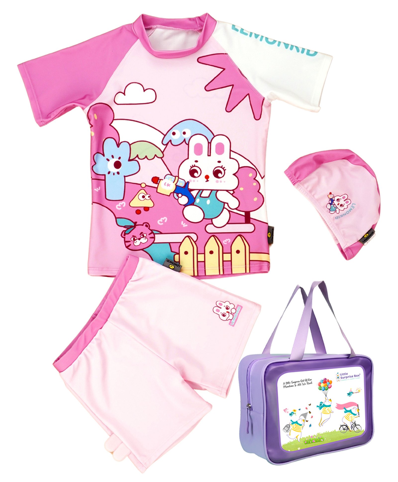 Little Surprise Box Spandex Half Raglan Sleeves Rabbit Printed Tee & Shorts With Cap & Wash Bag Set - Baby Pink-image-9