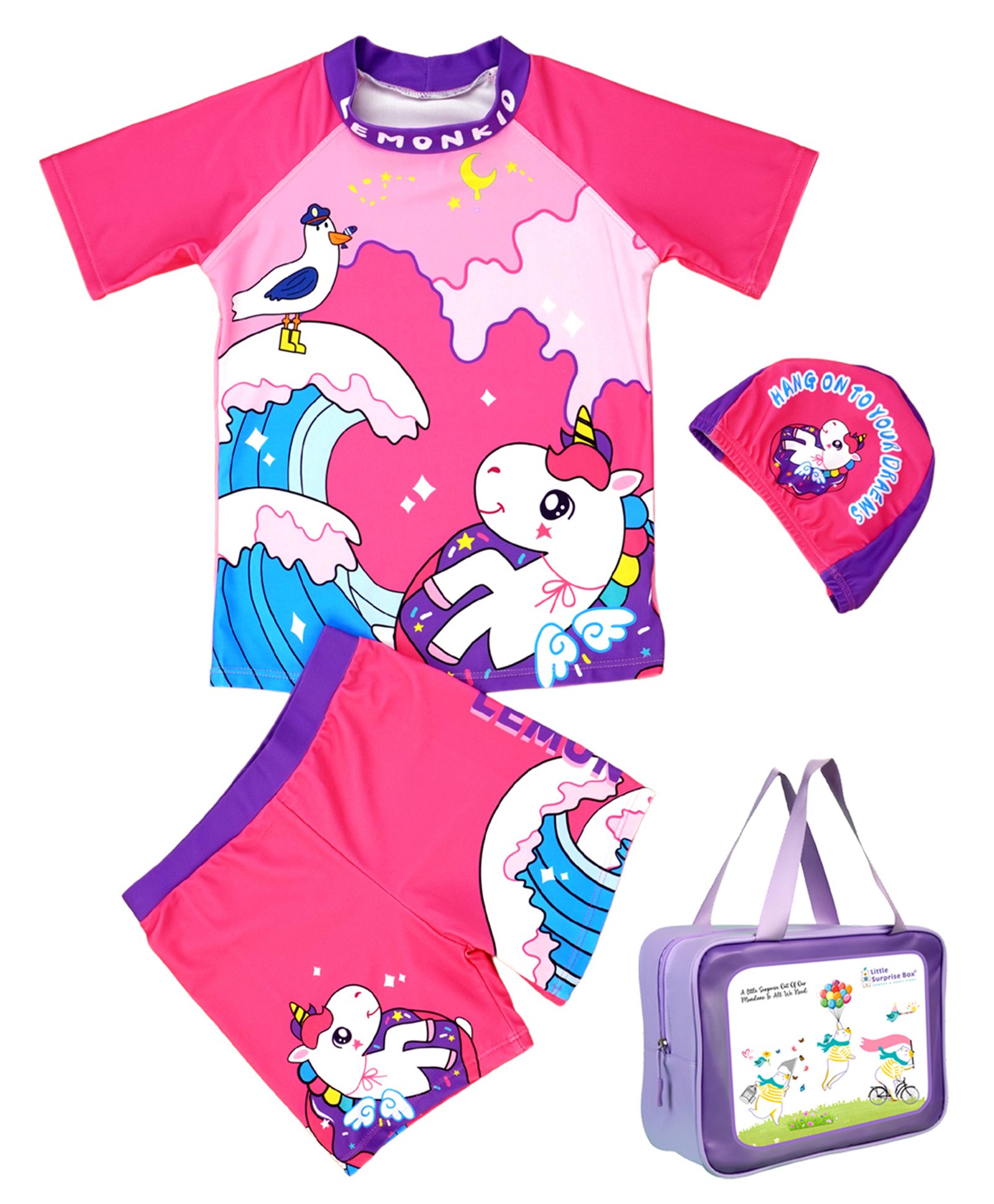 Little Surprise Box Spandex Half Raglan Sleeves Unicorn Printed Tee & Shorts With Cap & Wash Bag Set - Pink-image-10