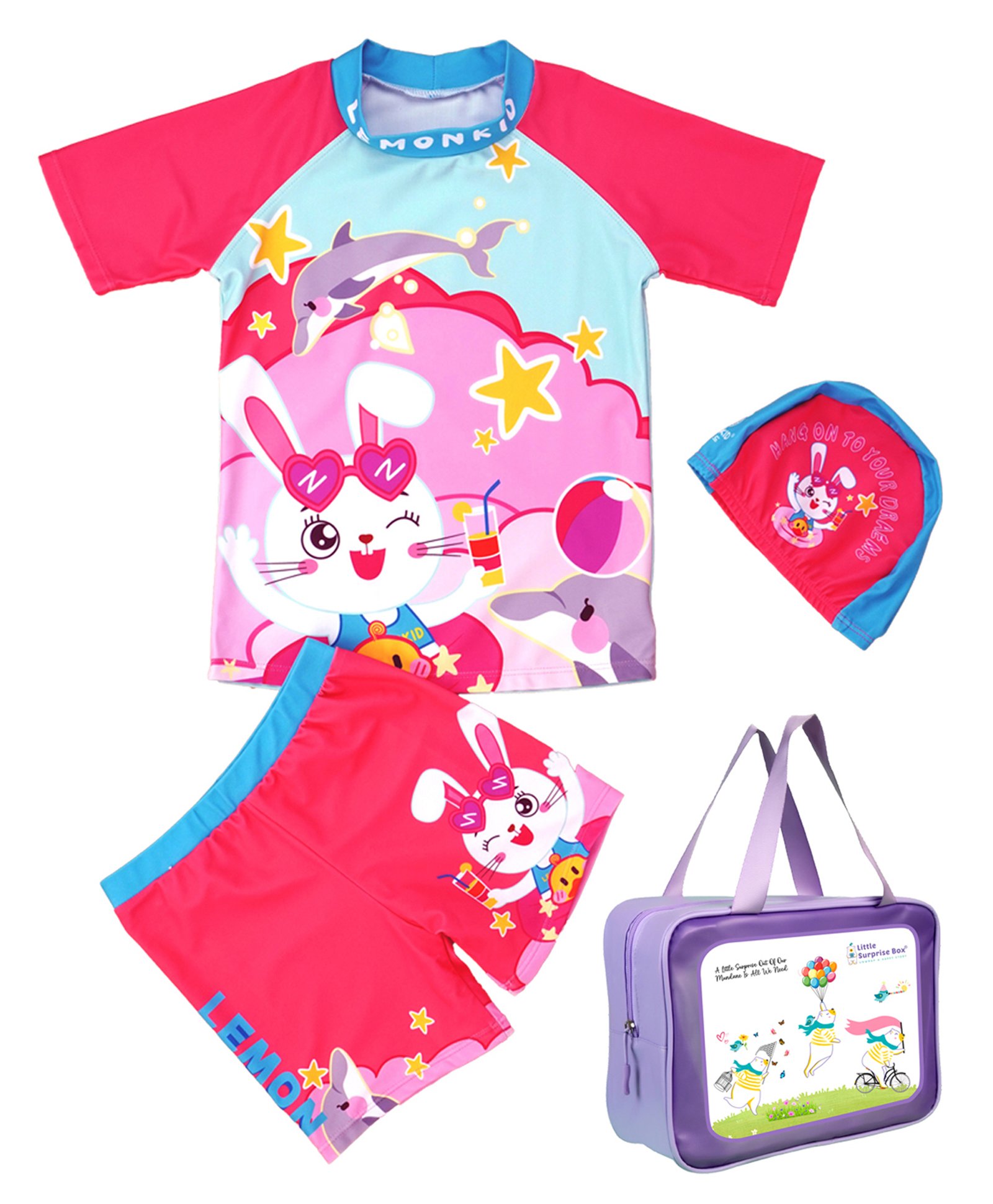 Little Surprise Box Spandex Half Raglan Sleeves Baby Rabbit Printed Coordinating Tee Shorts & Cap Set With Bag - Pink-image-11