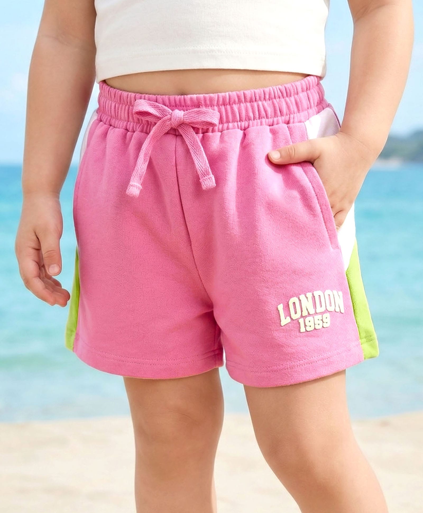 Babyhug Cotton Terry Knit Mid Thigh Shorts With London Embossed Print - Pink-picture-15