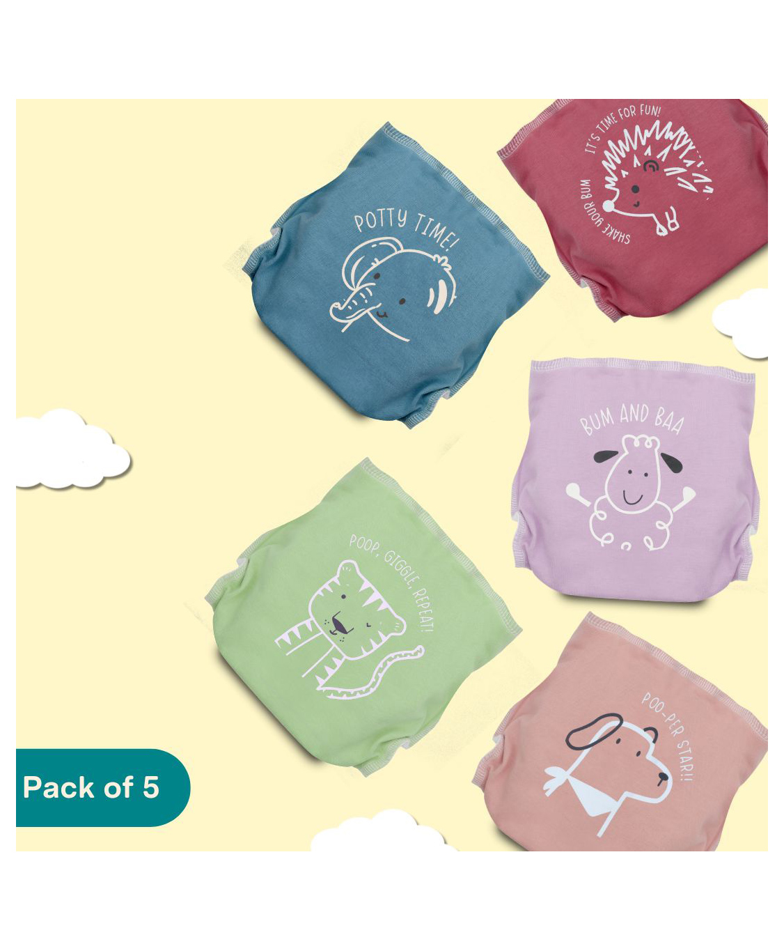 A Toddler Thing Dry Feel Ultra Nappies 2.0 | 100% Cotton & Reusable | Double Gussets for Leak Protection | Bums & Giggles 6-12m | Pack of 5-picture-28