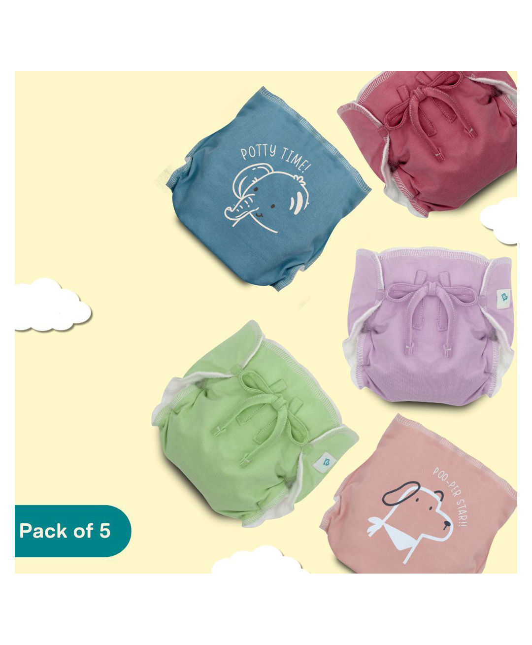 A Toddler Thing Dry Feel Ultra Nappies 2.0 | 100% Cotton & Reusable | Double Gussets for Leak Protection | Potty Party 6-12m | Pack of 5-image-43