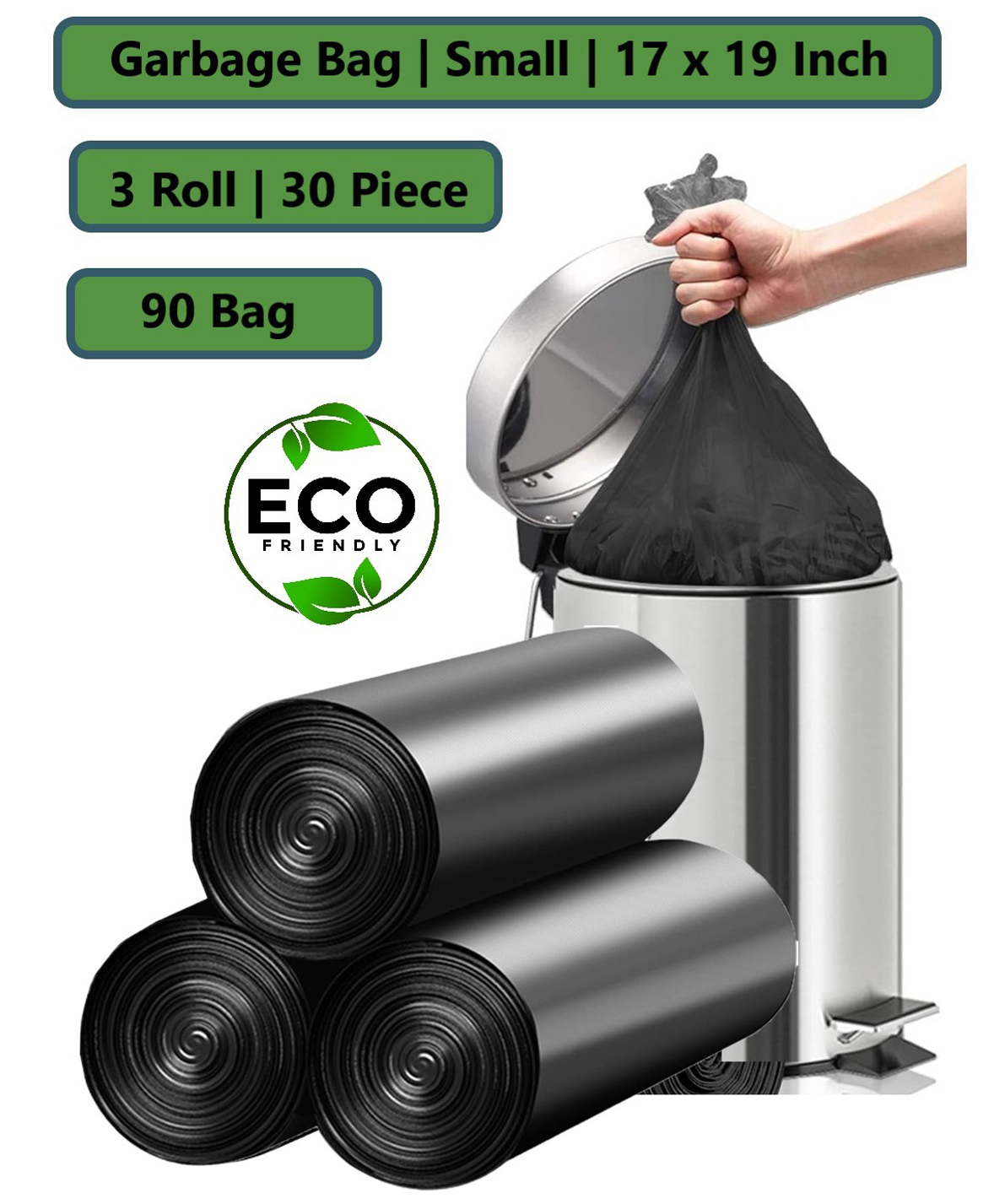 ADKD Dustbin/Disposable Garbage Bags | Medium | 90 Count | 30 Bags X 3 Rolls | 17 X 19 Inches | Material Plastic | For Dry & Wet Waste | Black - Pack of 90 Bags