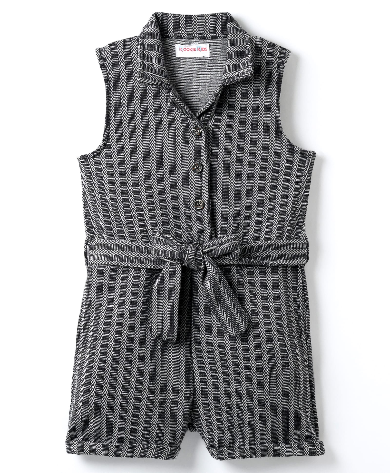 kookie kids india Kookie Kids Knit Sleeveless Front Open Collared Jumpsuit with Stripes & Fabric Belt - Black-picture-25
