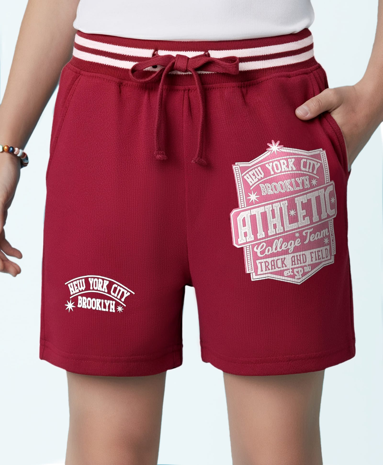 Pine Kids Looper Knit Mid Thigh Shorts With New York Print - Maroon-image-19