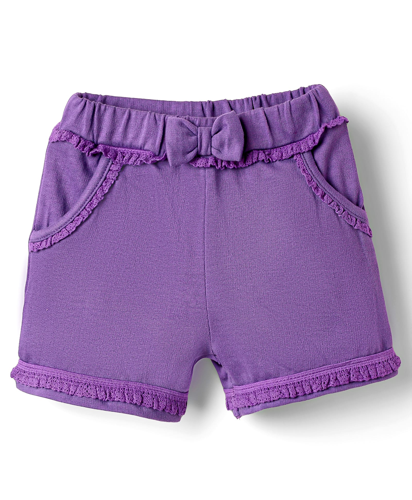 Babyhug Cotton Terry Knit Mid Thigh Solid Shorts With Bow Applique - Purple