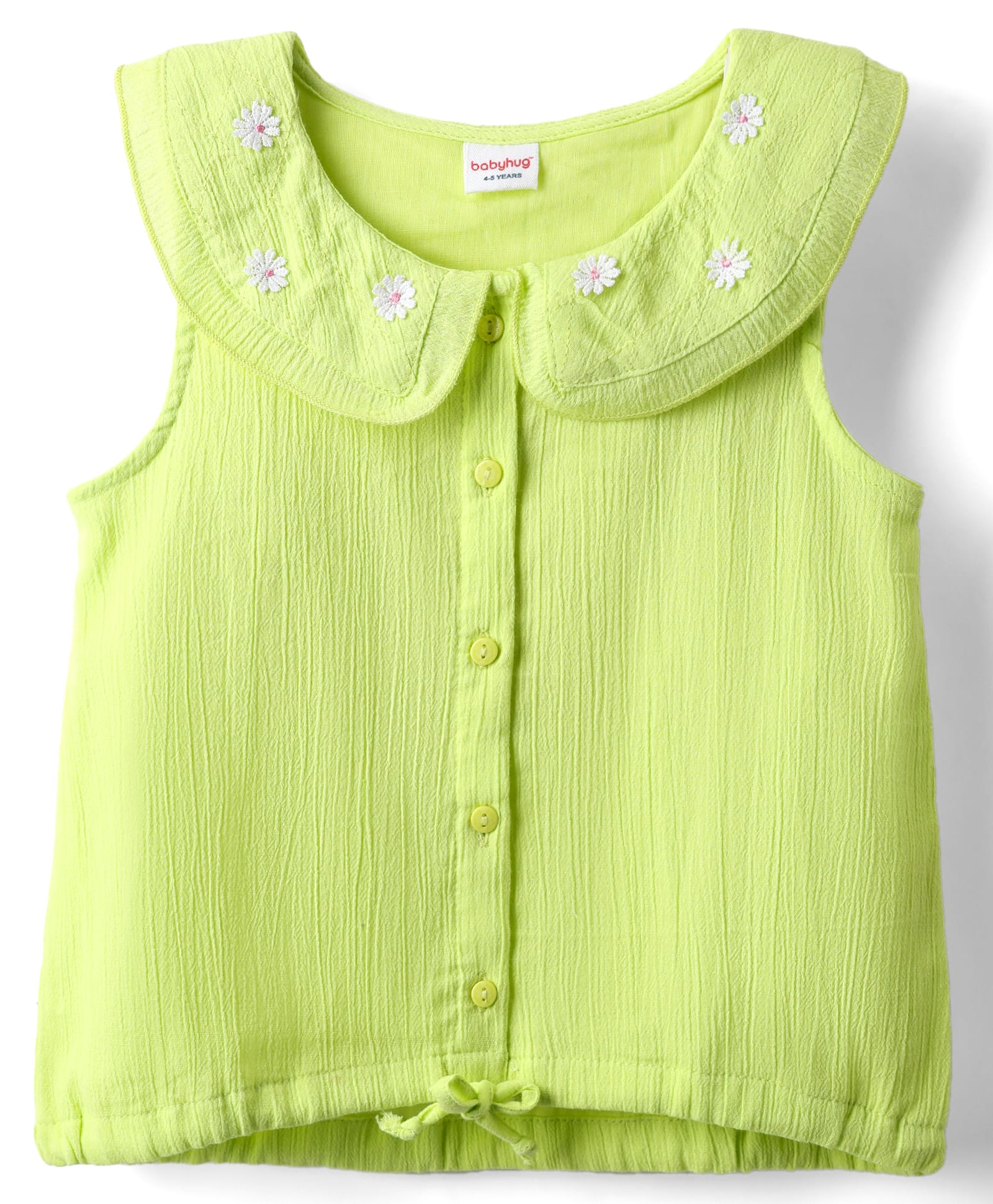 Babyhug Crinkled Crepe Woven Sleeveless Textured Peter Pan Collared Top with Floral Floral Applique - Light Green-image-17