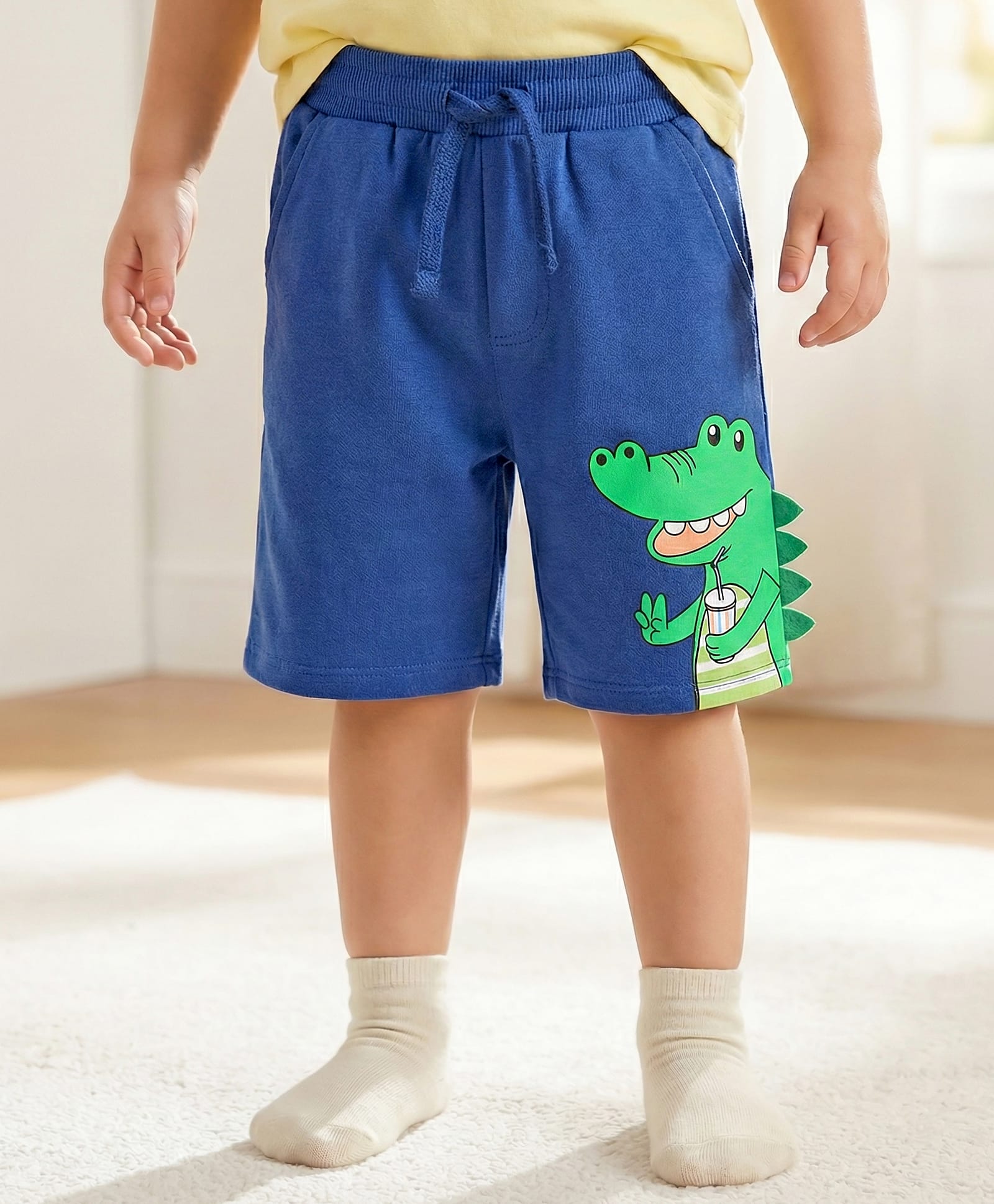 Babyhug Terry Knit Mid Thigh Shorts With Dino Print - Royal Blue-picture-17