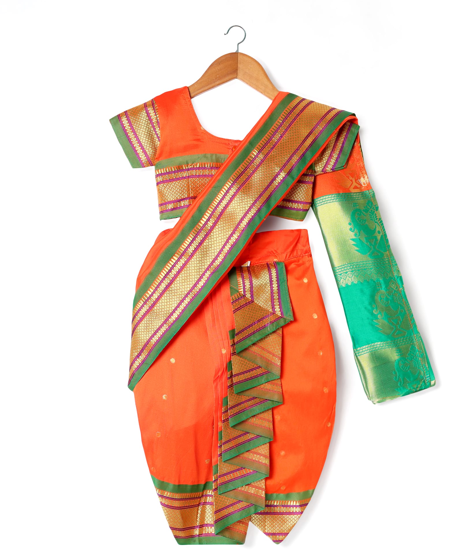 Bhartiya Paridhan Silk Nauvari Saree with Half Sleeves Zari Blouse - Coral-image-7