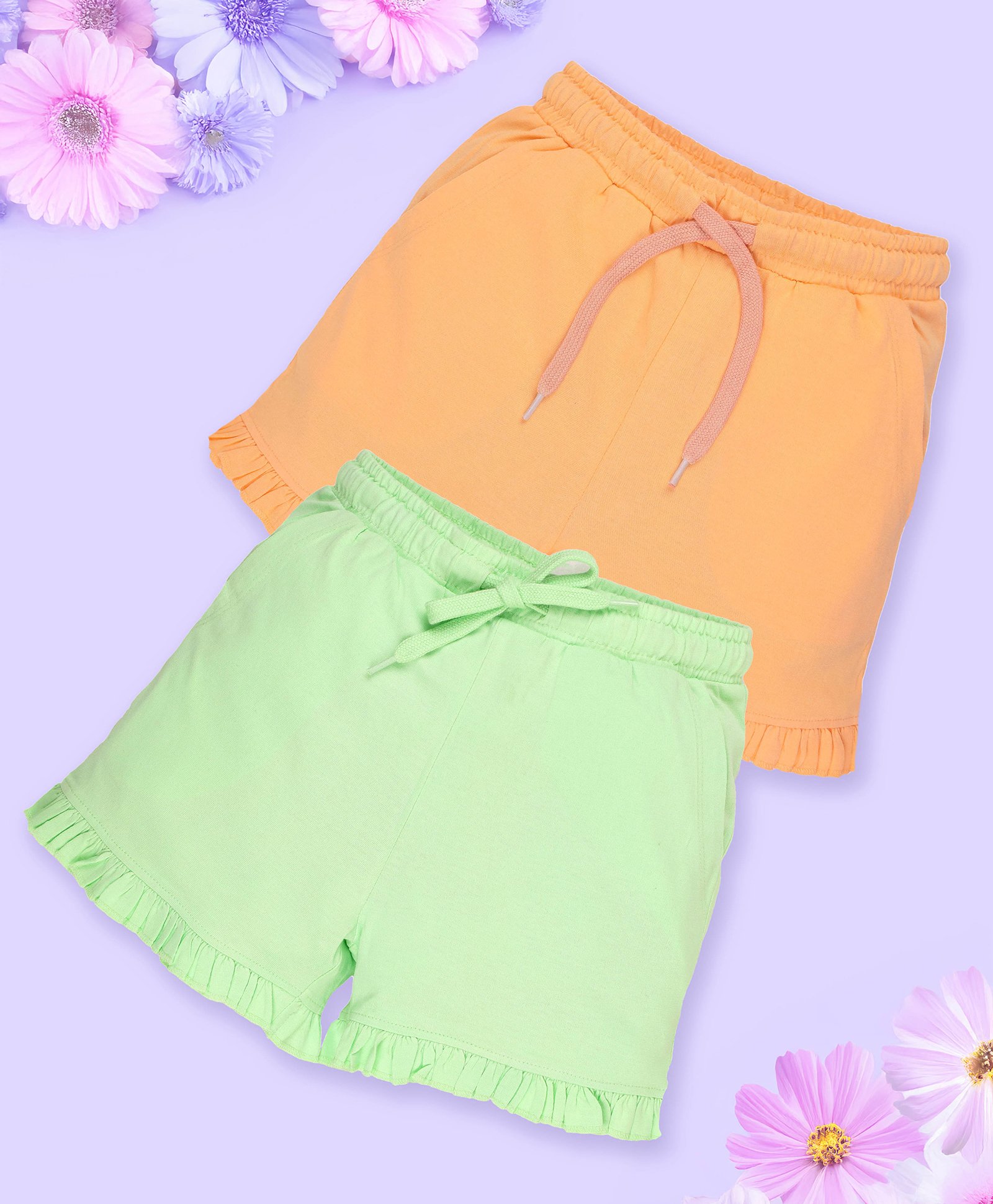 Kiddopanti Pack Of 2 Cotton Bottom Hem Frill Detailed Solid Shorts - Peach Orange & Pista Green-image-32