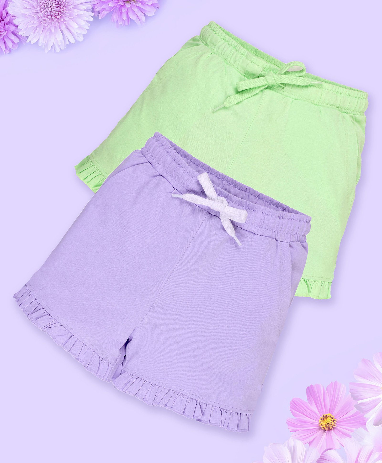 Kiddopanti Pack Of 2 Cotton Bottom Hem Frill Detailed Solid Shorts - Orchid & Pista Green-picture-27