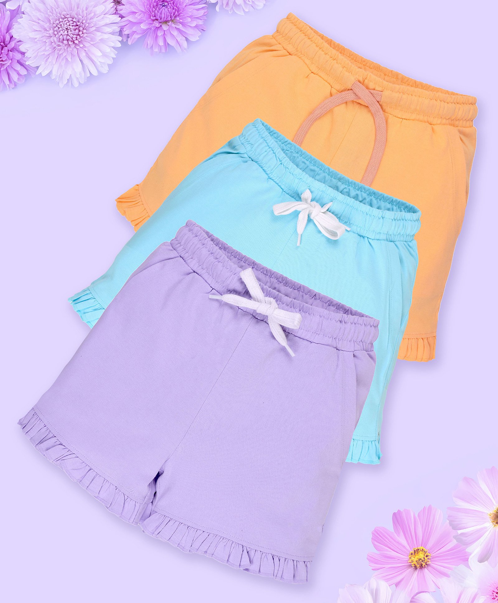 Kiddopanti Pack Of 3 Cotton Bottom Hem Frill Detailed Solid Shorts - Peach Orange & Aqua Blue & Orchid-picture-14