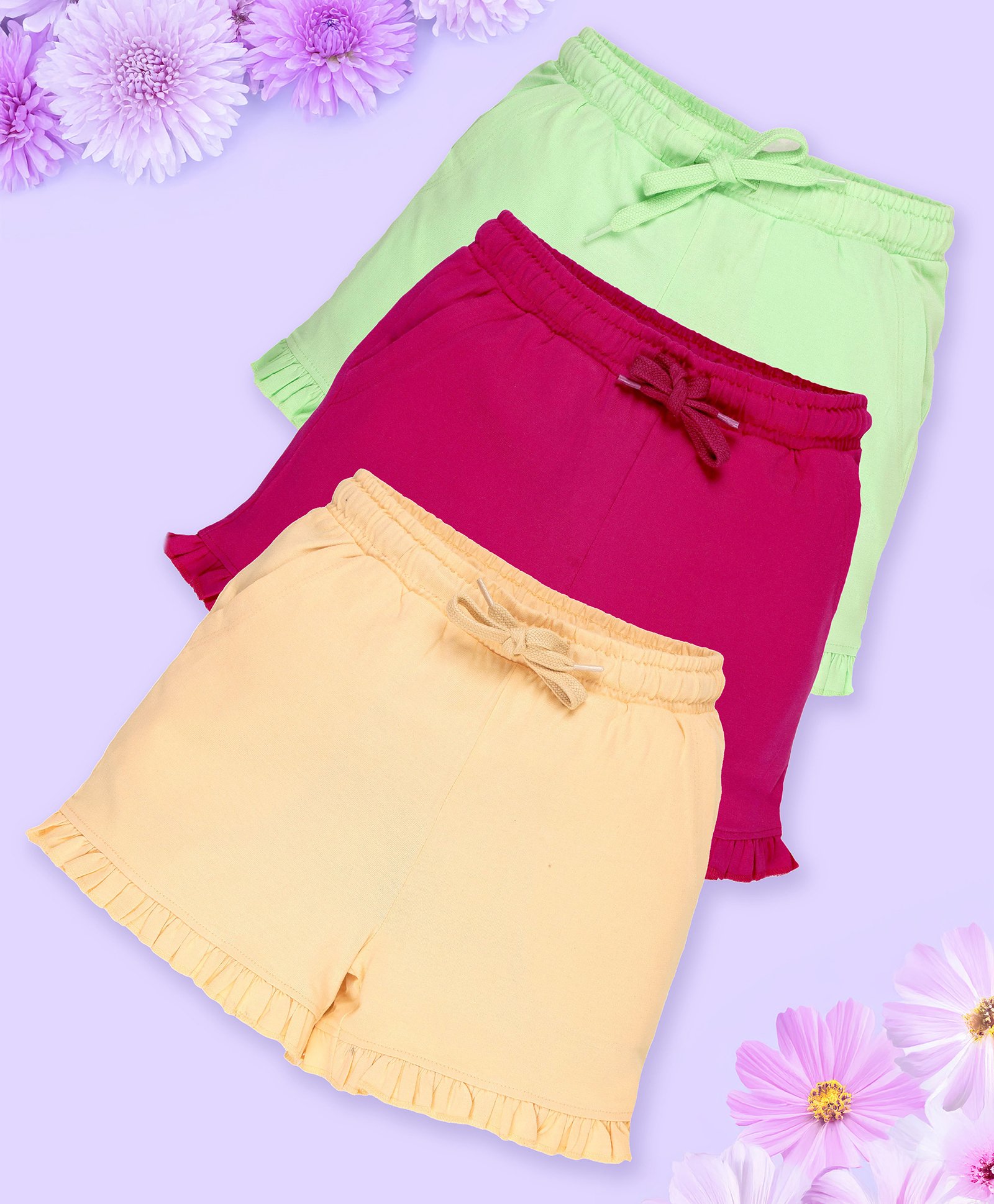 Kiddopanti Pack Of 3 Cotton Bottom Hem Frill Detailed Solid Shorts - Pista Green & Pink & Sand-picture-12