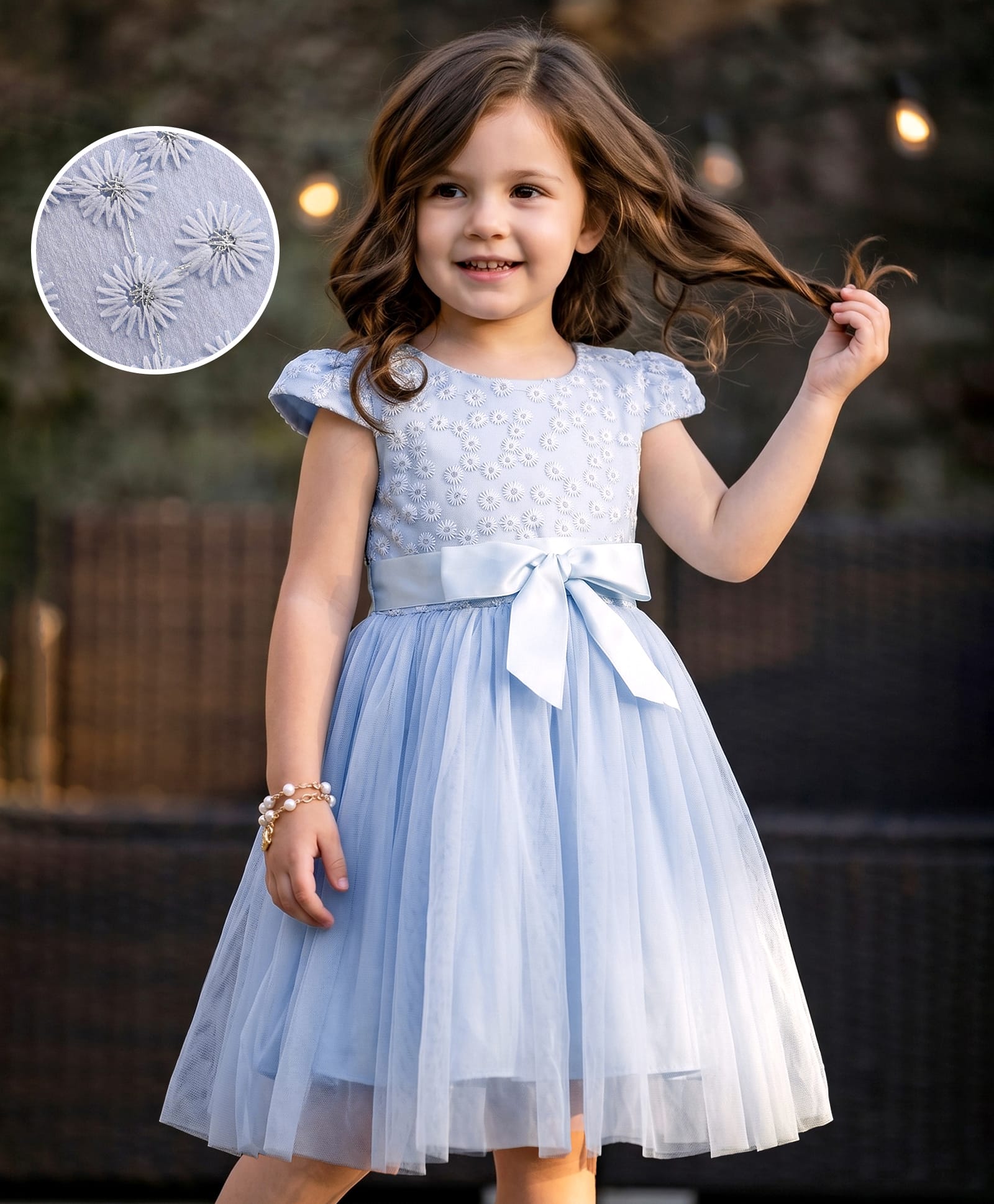 Mark & Mia Woven Cap Sleeves Party Dress With Floral Embroidery & Bow Applique - Light Blue-image-41