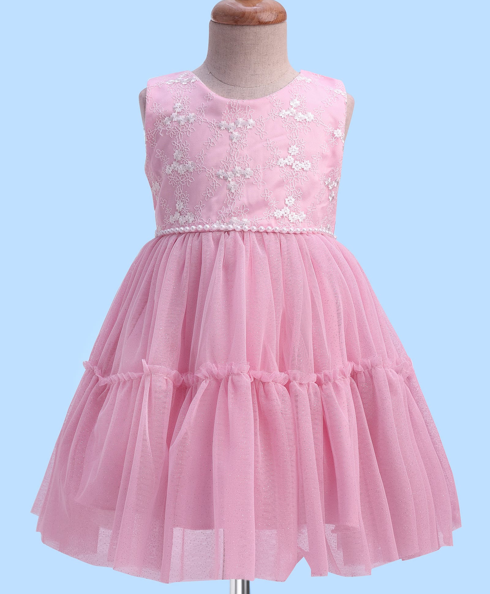 Mark & Mia Woven Sleeveless Party Dress with Floral & Pearls & Bead Applique - Pink-image-46