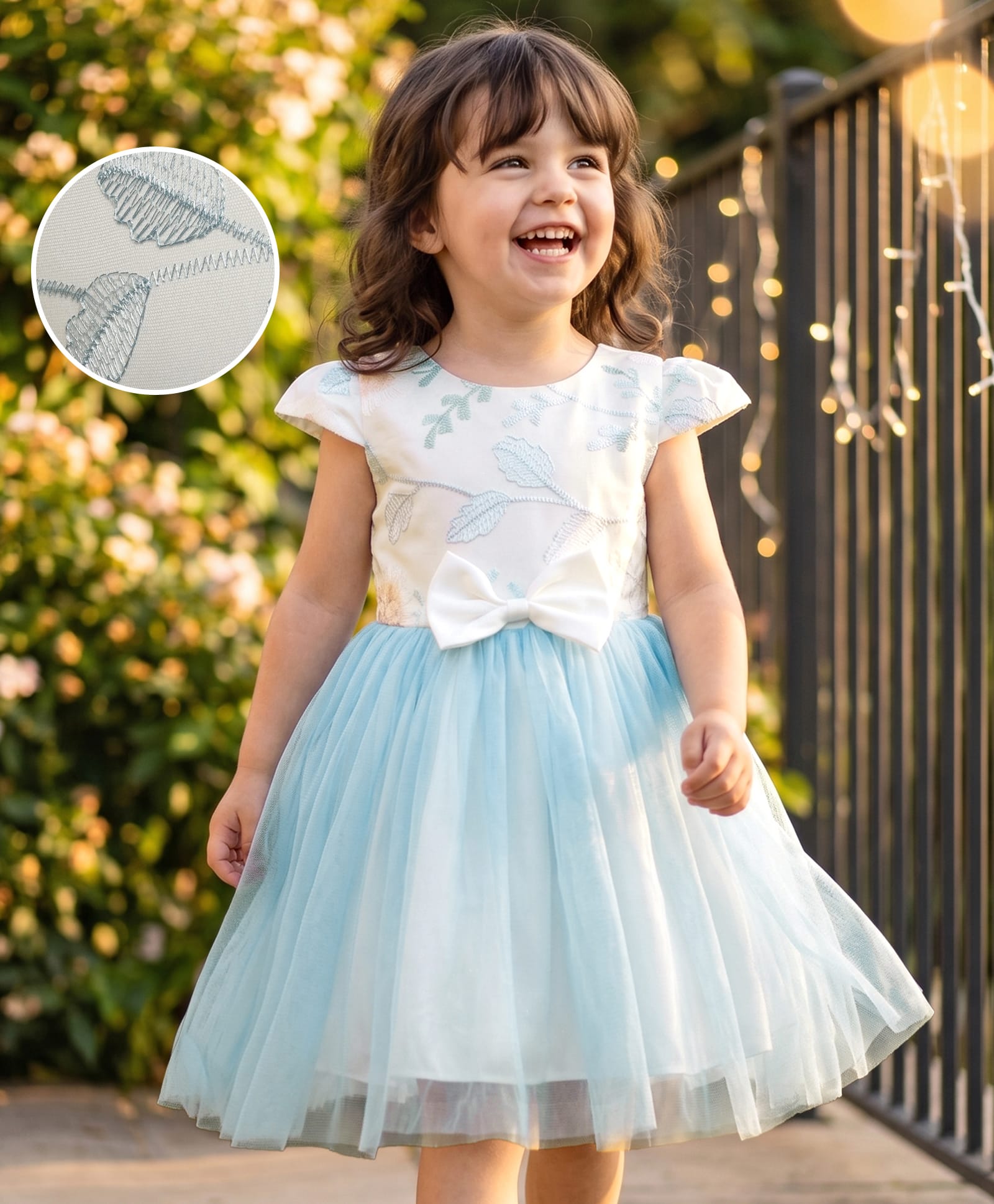 Mark & Mia Cap Sleeves Party Dress With Leaf Embroidery & Bow Applique - Light Blue-image-41