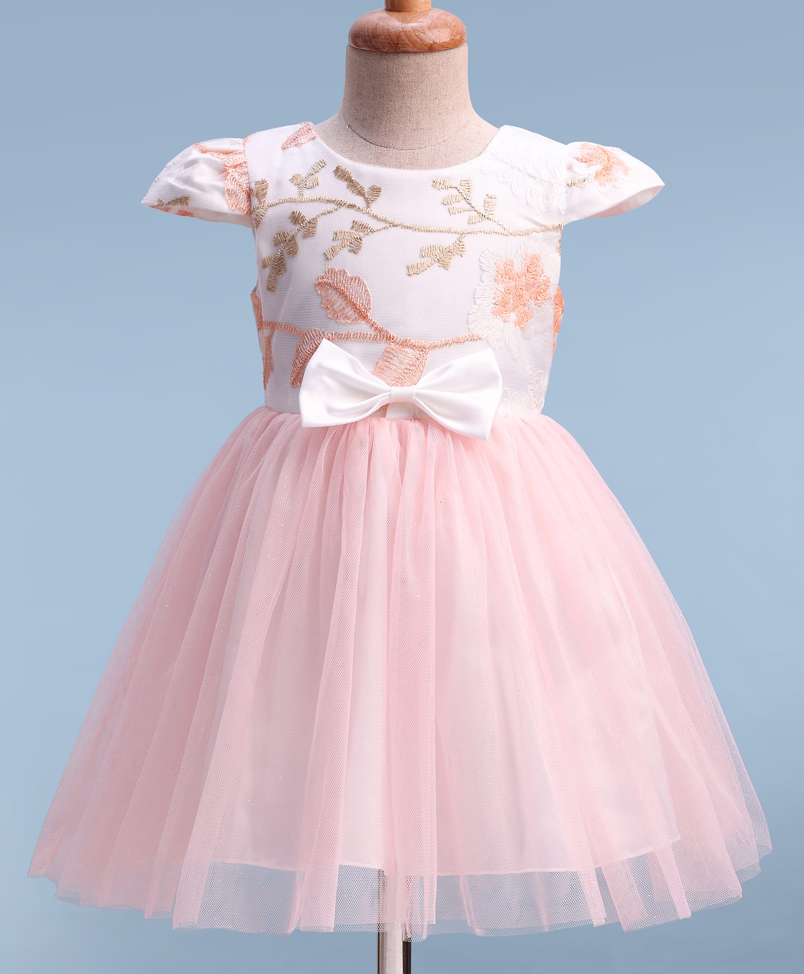 Mark & Mia Cap Sleeves Party Dress With Leaf Embroidery & Bow Applique - Pink-image-11